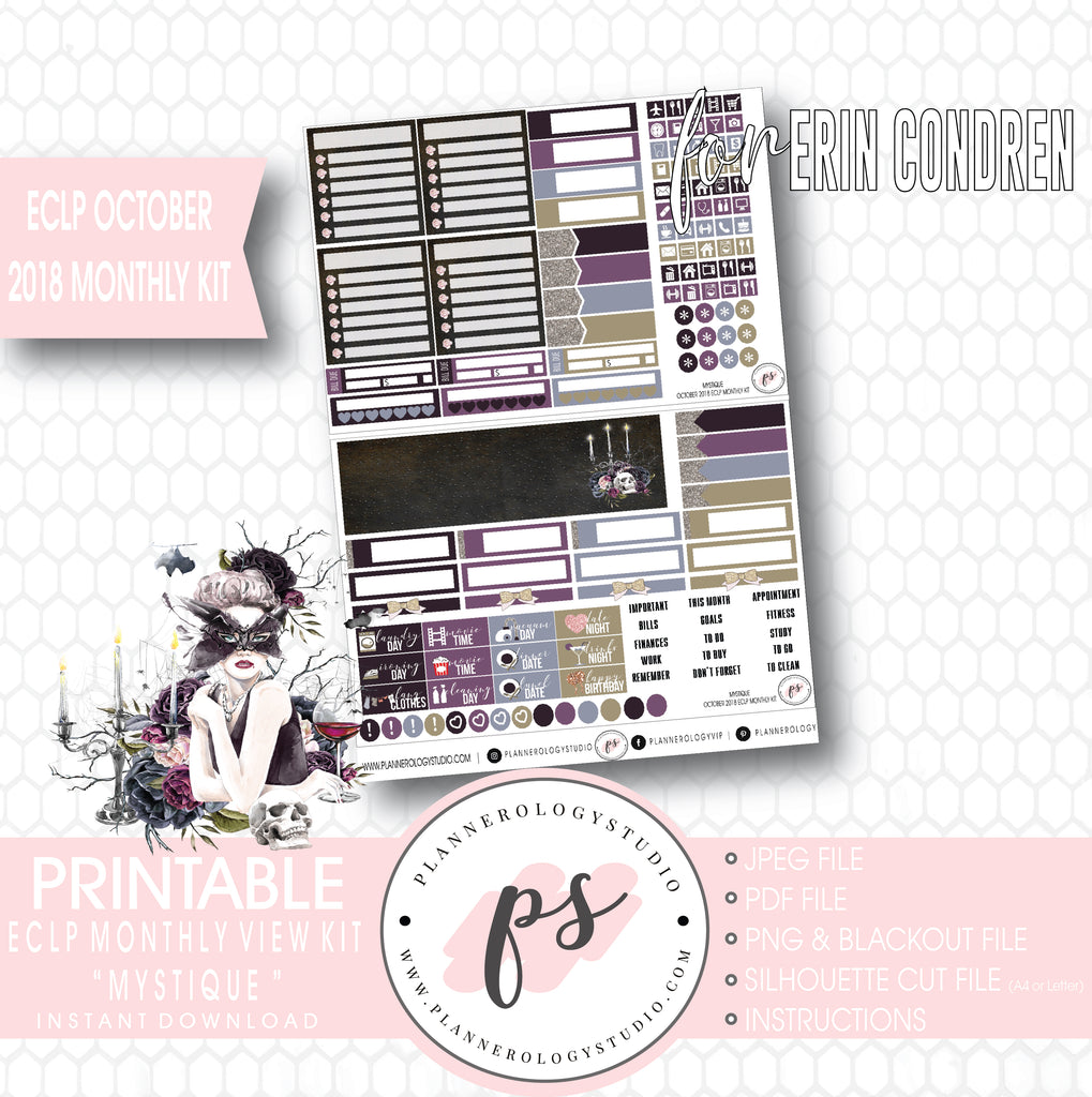 Mystique October 2018 Halloween Monthly View Kit Printable Planner Stickers (for use with Erin Condren) - Plannerologystudio