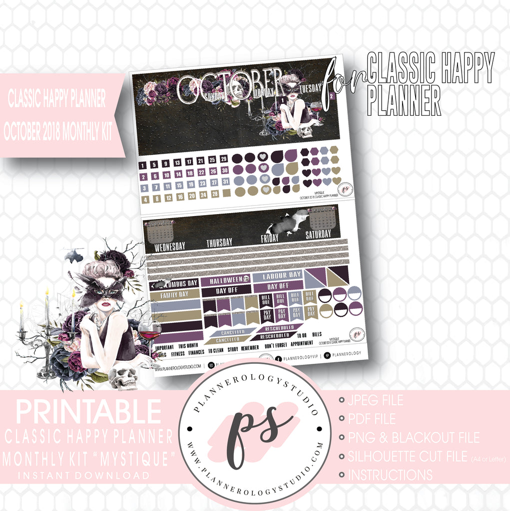 Mystique October 2018 Halloween Monthly View Kit Printable Planner Stickers (for use with Classic Happy Planner) - Plannerologystudio