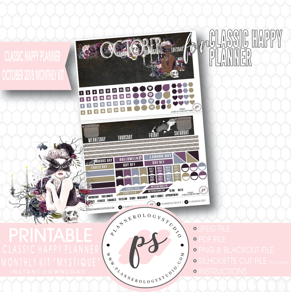 Mystique October 2018 Halloween Monthly View Kit Printable Planner Stickers (for use with Classic Happy Planner) - Plannerologystudio