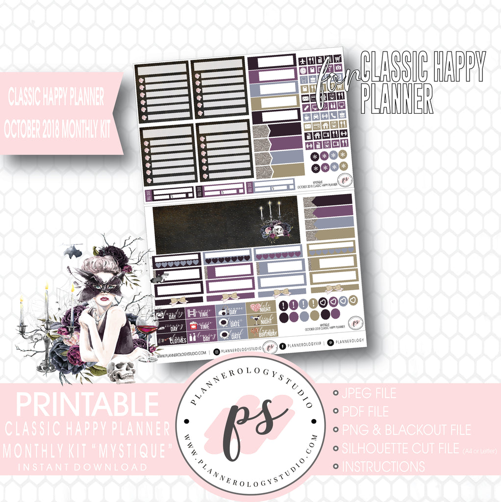 Mystique October 2018 Halloween Monthly View Kit Printable Planner Stickers (for use with Classic Happy Planner) - Plannerologystudio