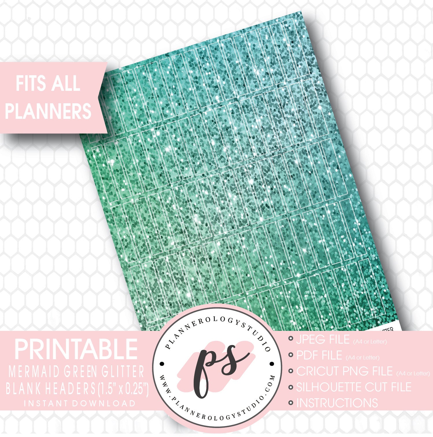 Mermaid Green Glitter Blank Header Printable Planner Stickers - Plannerologystudio