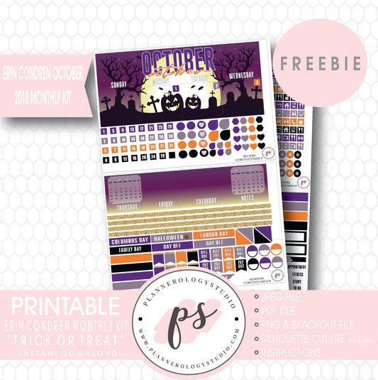 Trick or Treat Halloween ECLP Erin Condren October 2018 Monthly Kit Digital Printable Planner Stickers (PDF/JPG/PNG/Silhouette Cut File Freebie) - Plannerologystudio