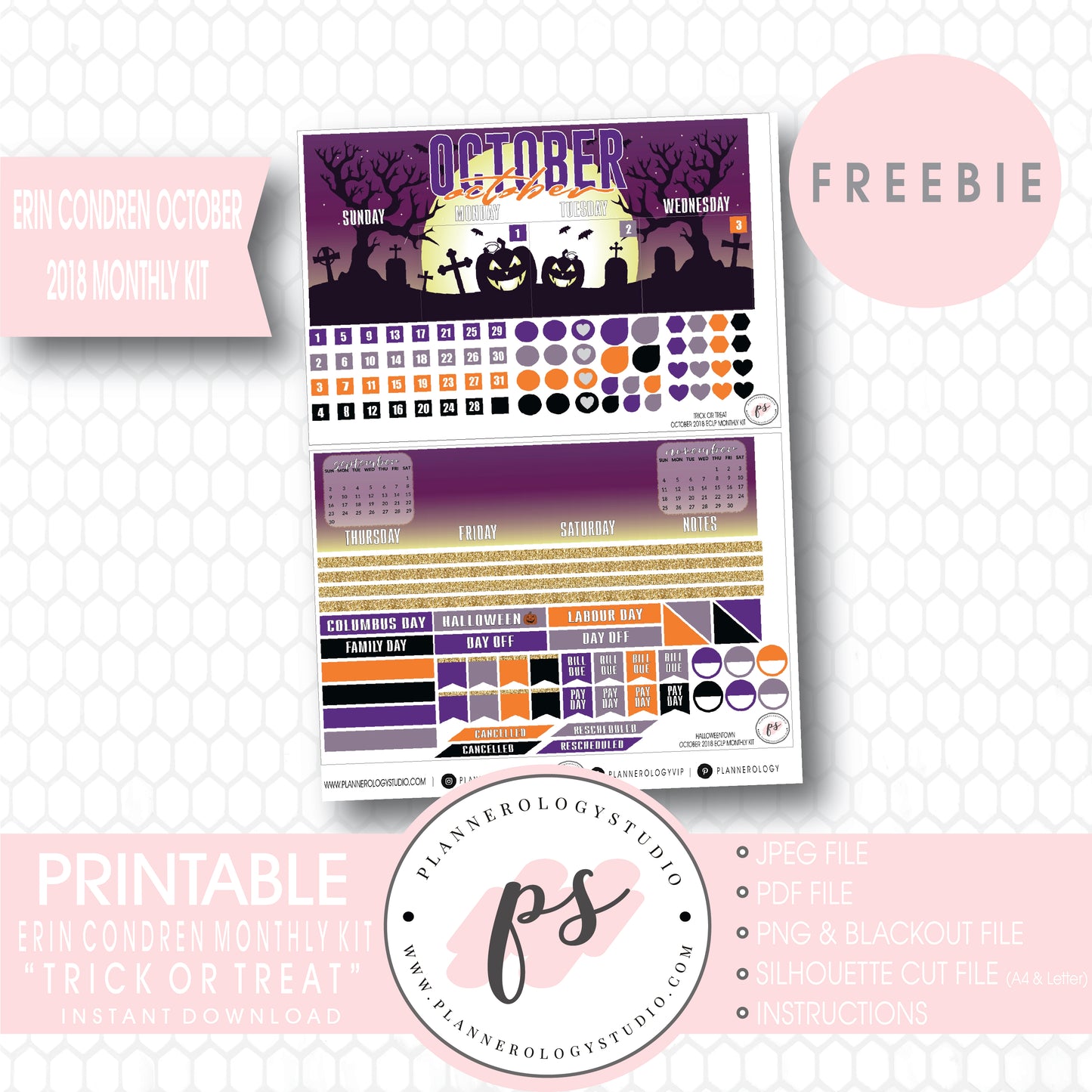 Trick or Treat Halloween ECLP Erin Condren October 2018 Monthly Kit Digital Printable Planner Stickers (PDF/JPG/PNG/Silhouette Cut File Freebie) - Plannerologystudio