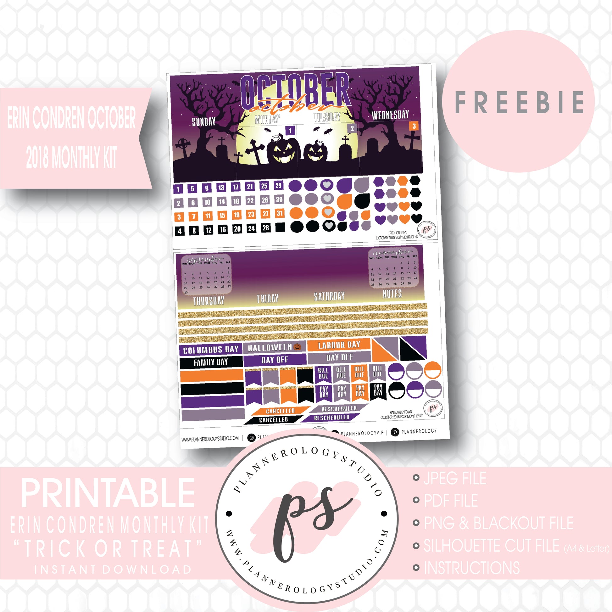 Trick or Treat Halloween ECLP Erin Condren October 2018 Monthly Kit Digital Printable Planner Stickers (PDF/JPG/PNG/Silhouette Cut File Freebie) - Plannerologystudio