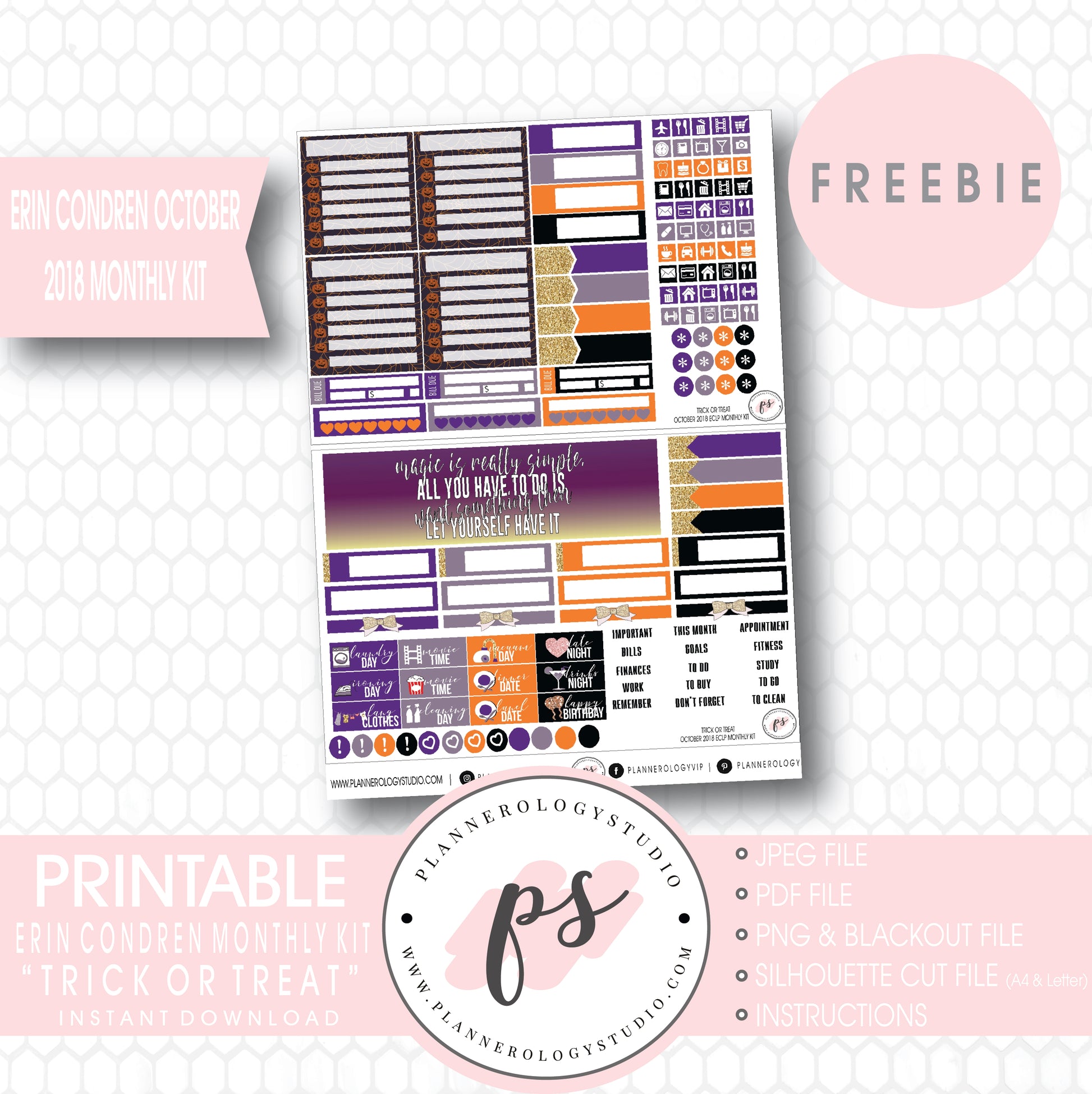 Trick or Treat Halloween ECLP Erin Condren October 2018 Monthly Kit Digital Printable Planner Stickers (PDF/JPG/PNG/Silhouette Cut File Freebie) - Plannerologystudio