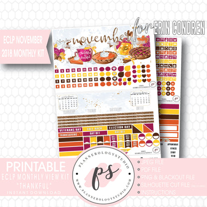 Thankful Thanksgiving November 2018 Monthly View Kit Printable Planner Stickers (for use with Erin Condren) - Plannerologystudio