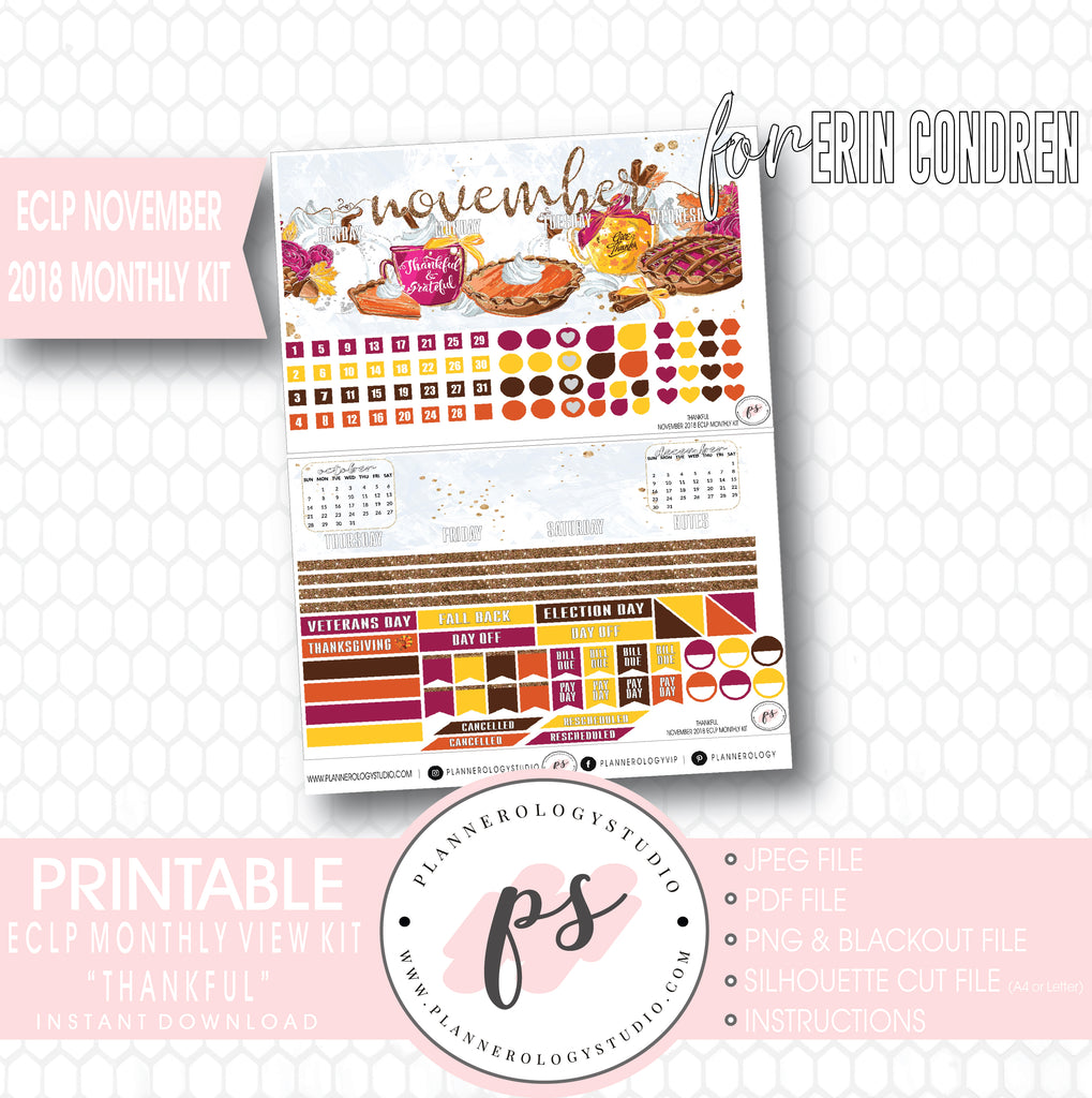 Thankful Thanksgiving November 2018 Monthly View Kit Printable Planner Stickers (for use with Erin Condren) - Plannerologystudio