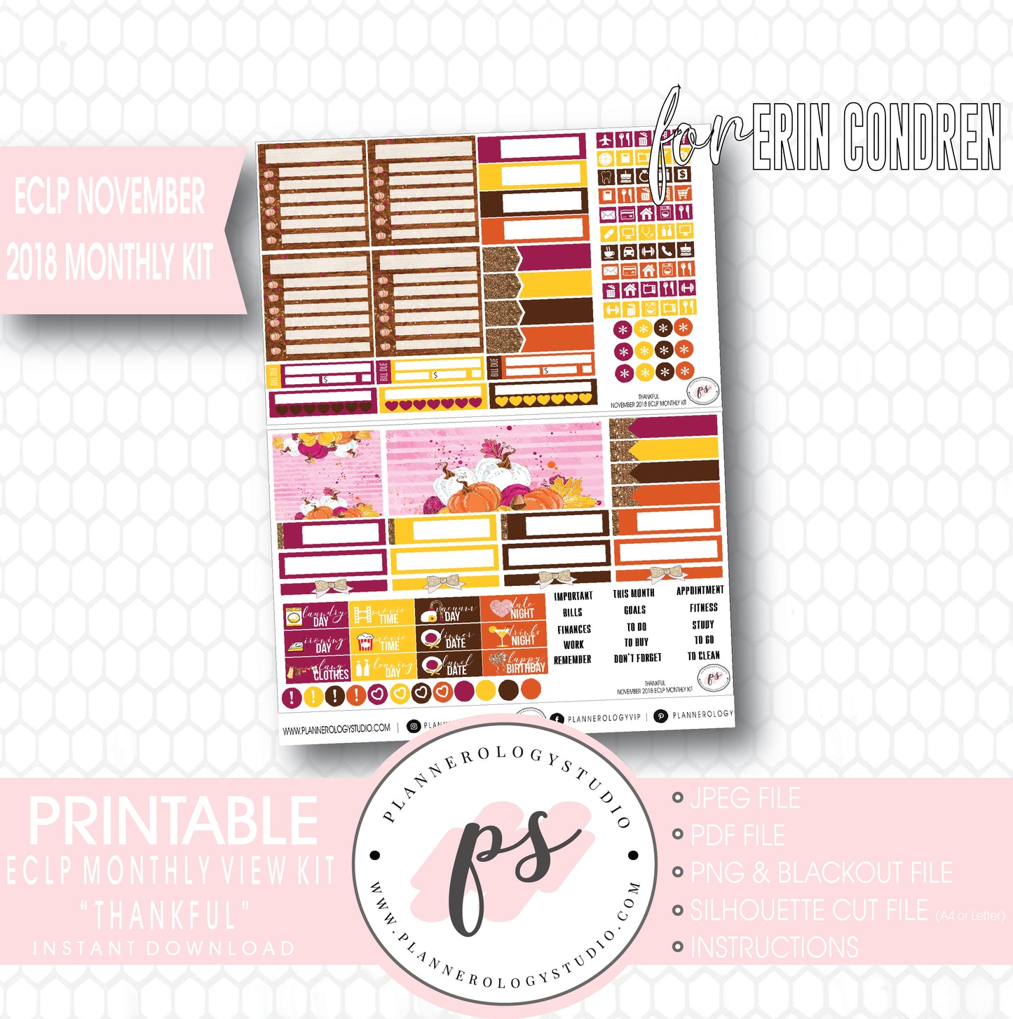 Thankful Thanksgiving November 2018 Monthly View Kit Printable Planner Stickers (for use with Erin Condren) - Plannerologystudio