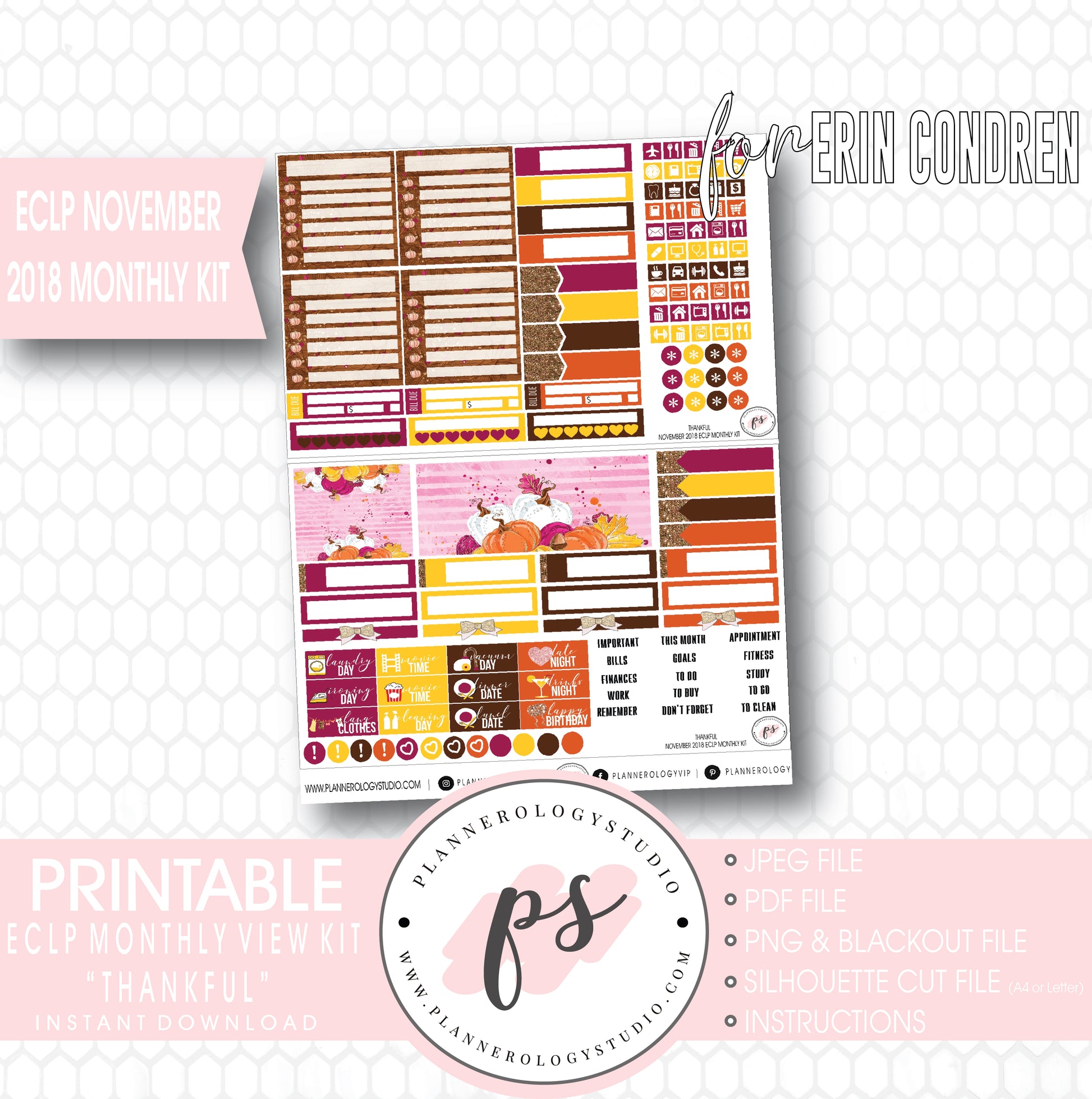 Thankful Thanksgiving November 2018 Monthly View Kit Printable Planner Stickers (for use with Erin Condren) - Plannerologystudio