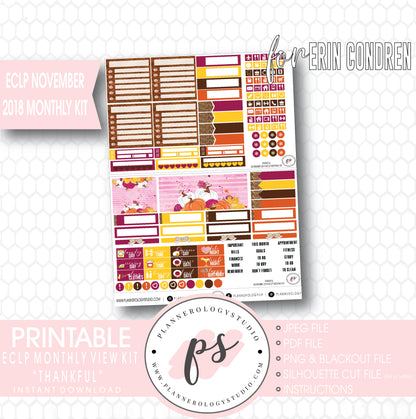 Thankful Thanksgiving November 2018 Monthly View Kit Printable Planner Stickers (for use with Erin Condren) - Plannerologystudio