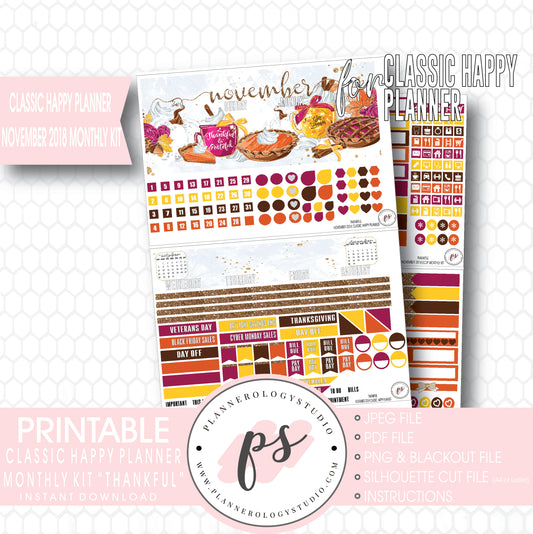 Thankful Thanksgiving November 2018 Monthly View Kit Printable Planner Stickers (for use with Classic Happy Planner) - Plannerologystudio