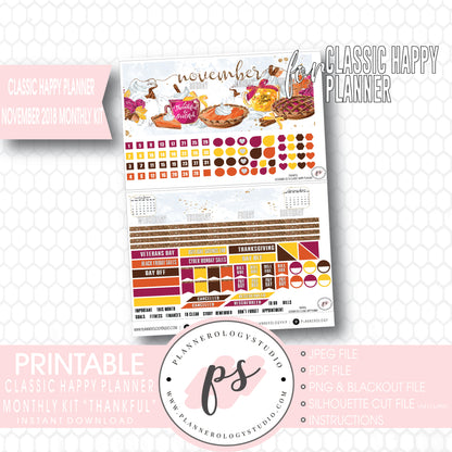 Thankful Thanksgiving November 2018 Monthly View Kit Printable Planner Stickers (for use with Classic Happy Planner) - Plannerologystudio