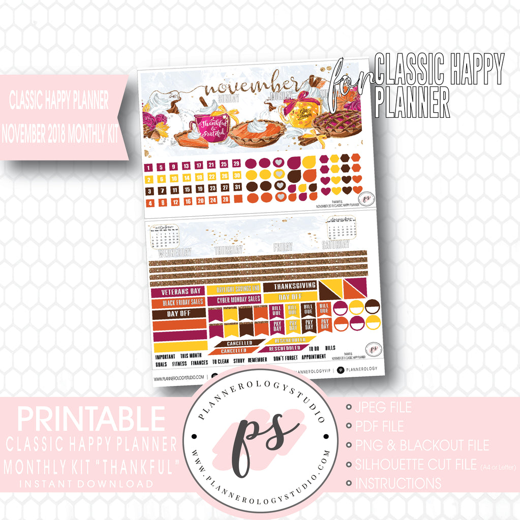 Thankful Thanksgiving November 2018 Monthly View Kit Printable Planner Stickers (for use with Classic Happy Planner) - Plannerologystudio