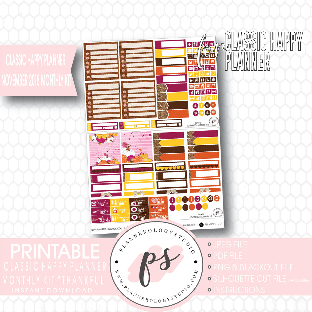 Thankful Thanksgiving November 2018 Monthly View Kit Printable Planner Stickers (for use with Classic Happy Planner) - Plannerologystudio