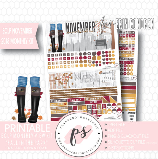 Fall in the Park November 2018 Monthly View Kit Digital Printable Planner Stickers (for use with Erin Condren) - Plannerologystudio