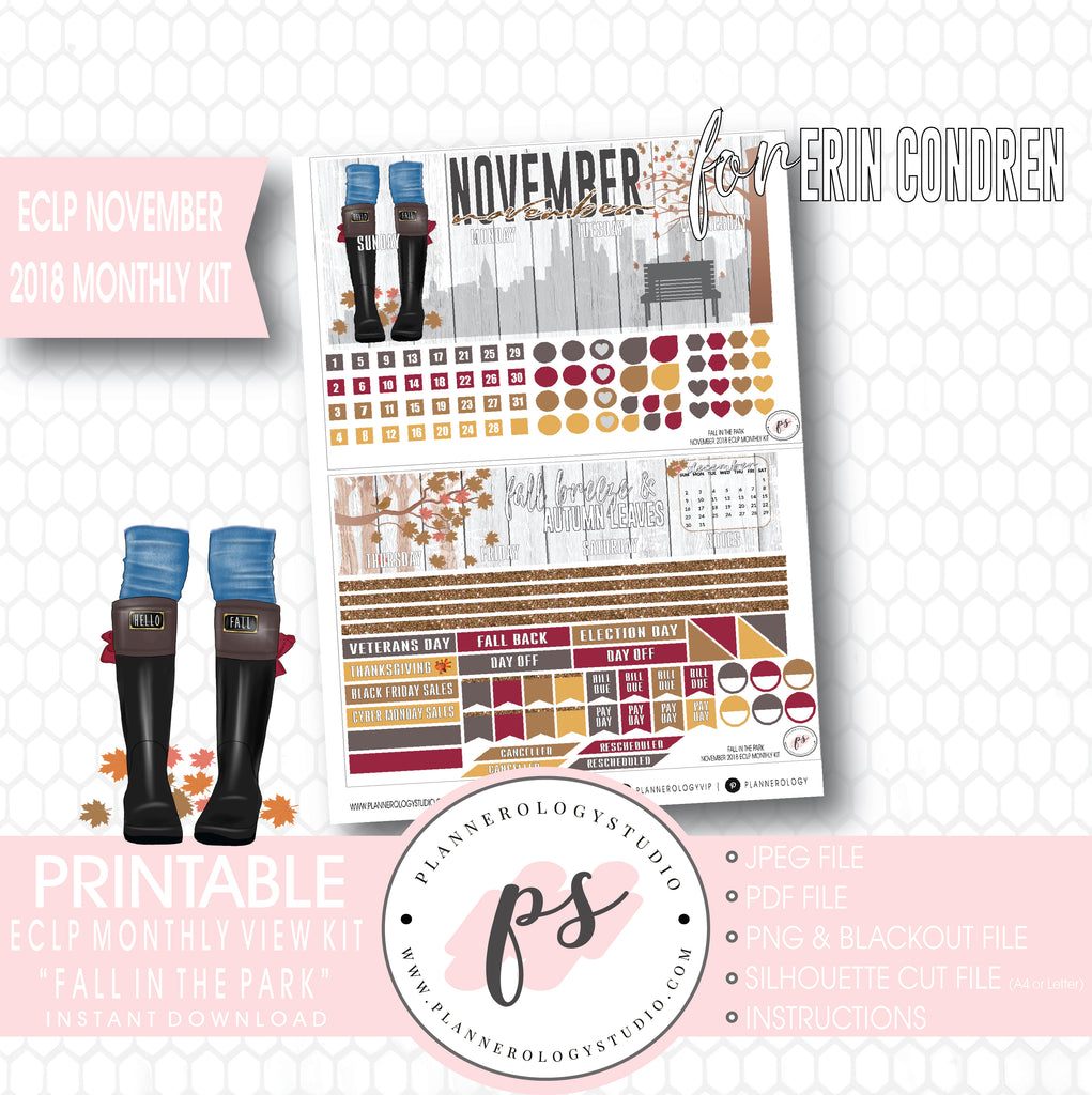 Fall in the Park November 2018 Monthly View Kit Digital Printable Planner Stickers (for use with Erin Condren) - Plannerologystudio