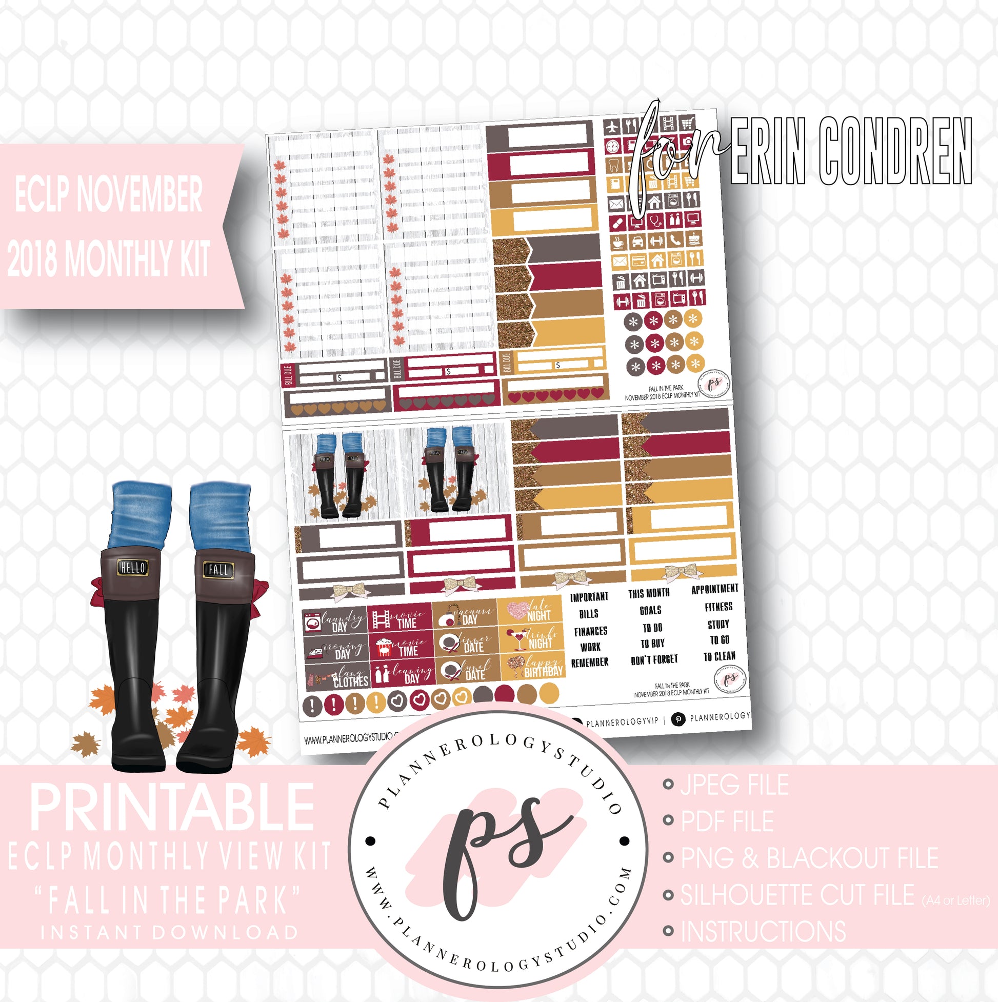 Fall in the Park November 2018 Monthly View Kit Digital Printable Planner Stickers (for use with Erin Condren) - Plannerologystudio