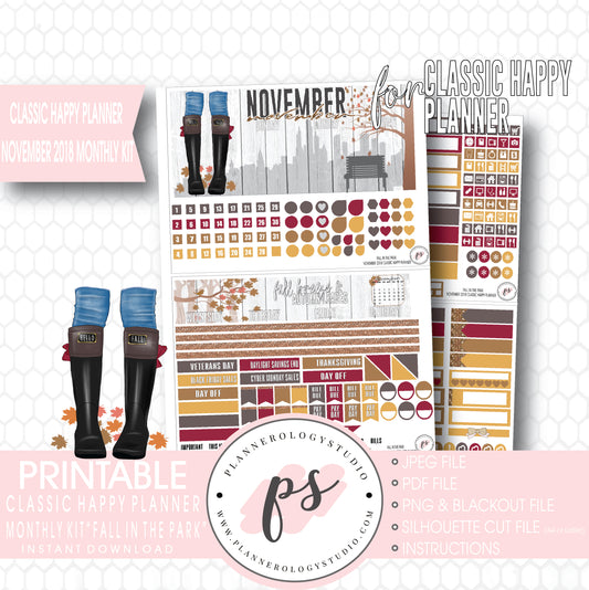Fall in the Park November 2018 Monthly View Kit Digital Printable Planner Stickers (for use with Classic Happy Planner) - Plannerologystudio