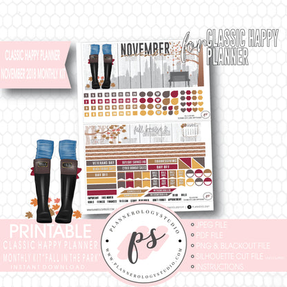 Fall in the Park November 2018 Monthly View Kit Digital Printable Planner Stickers (for use with Classic Happy Planner) - Plannerologystudio