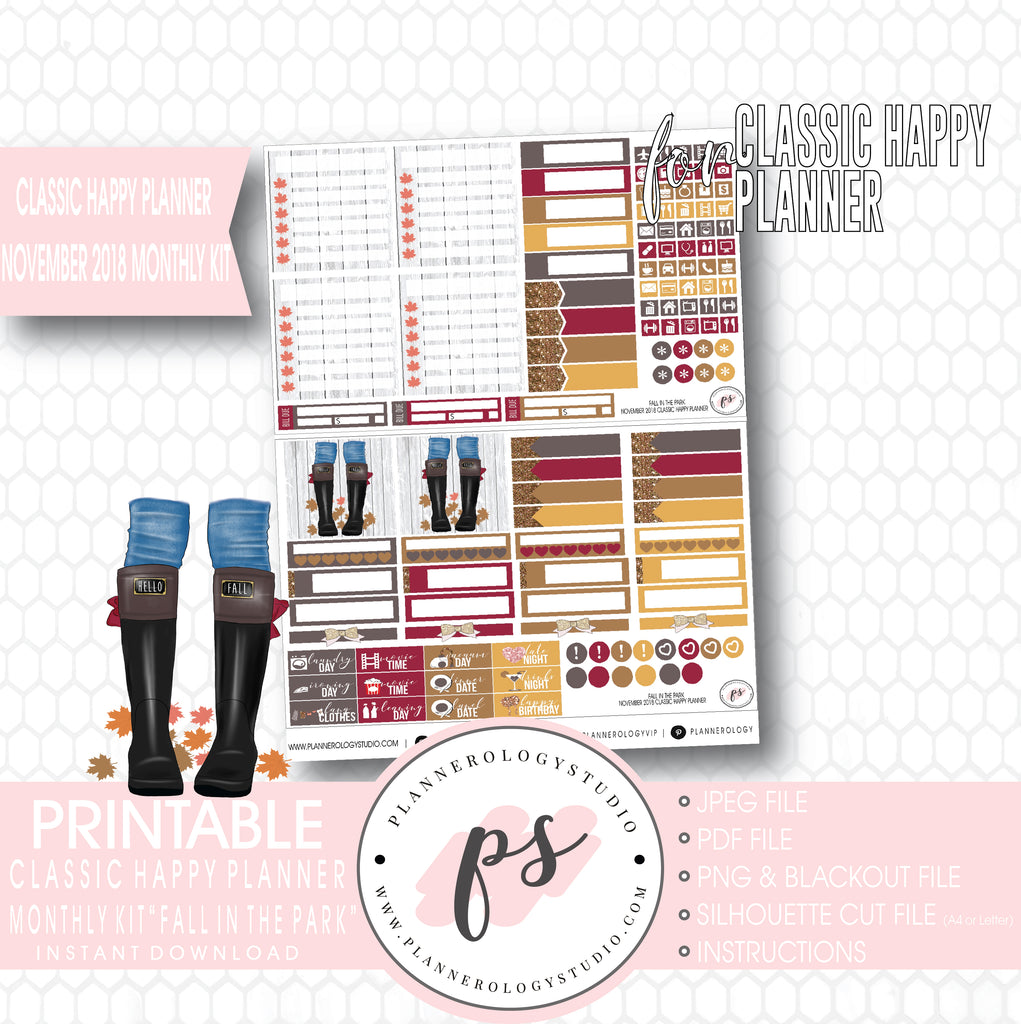 Fall in the Park November 2018 Monthly View Kit Digital Printable Planner Stickers (for use with Classic Happy Planner) - Plannerologystudio