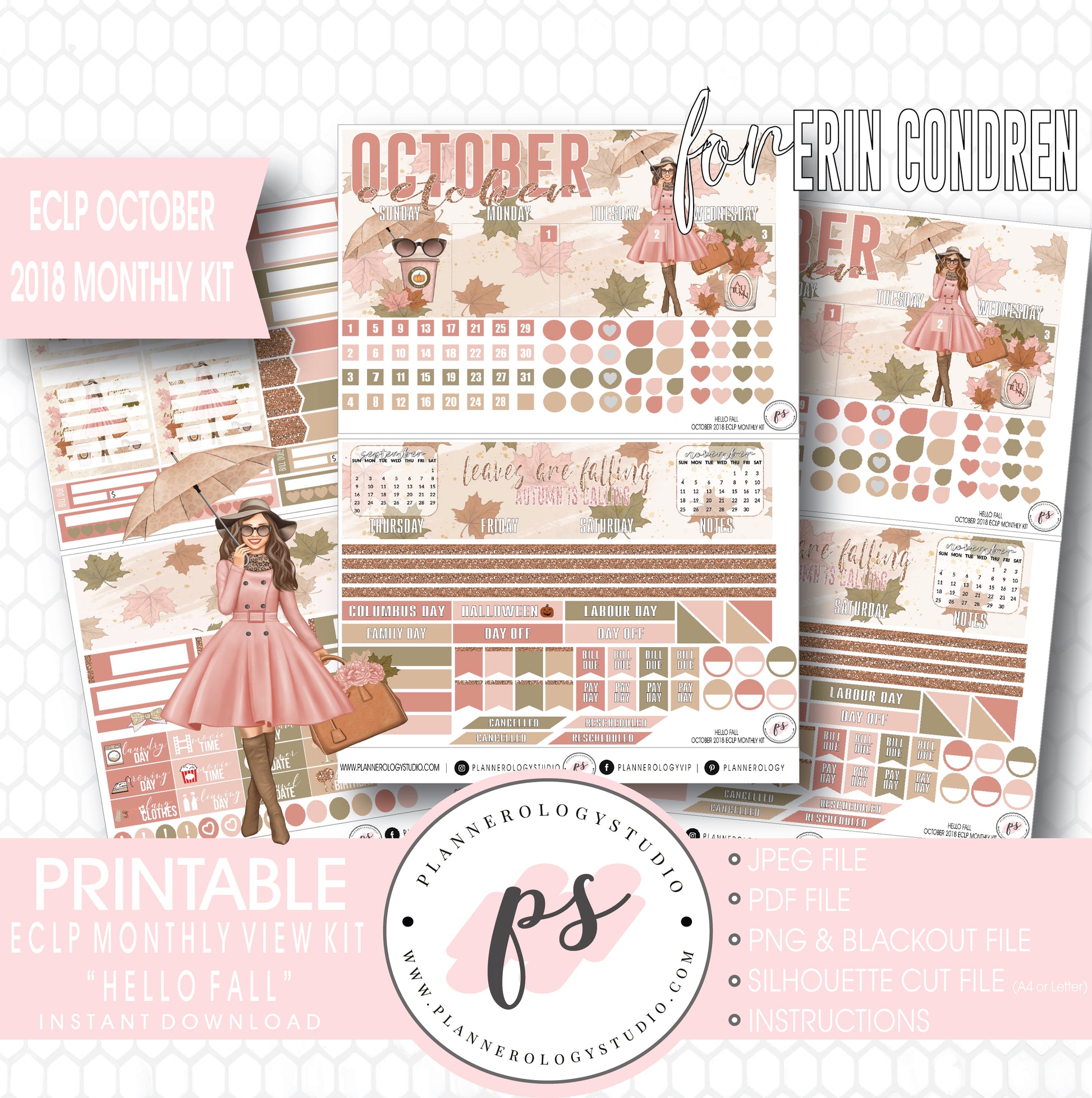 Hello Fall October 2018 Monthly View Kit Digital Printable Planner Stickers (for use with Erin Condren) - Plannerologystudio