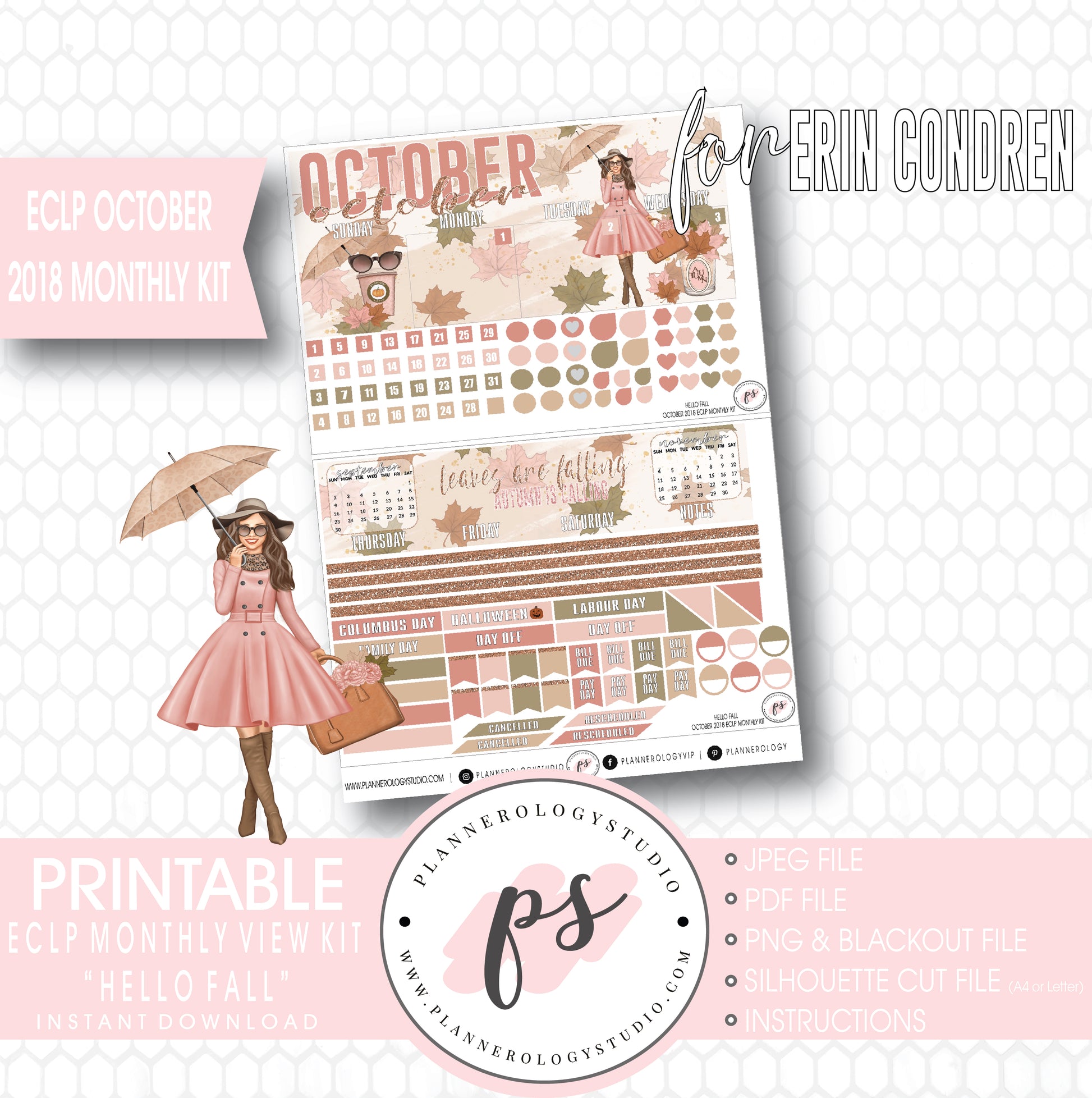 Hello Fall October 2018 Monthly View Kit Digital Printable Planner Stickers (for use with Erin Condren) - Plannerologystudio