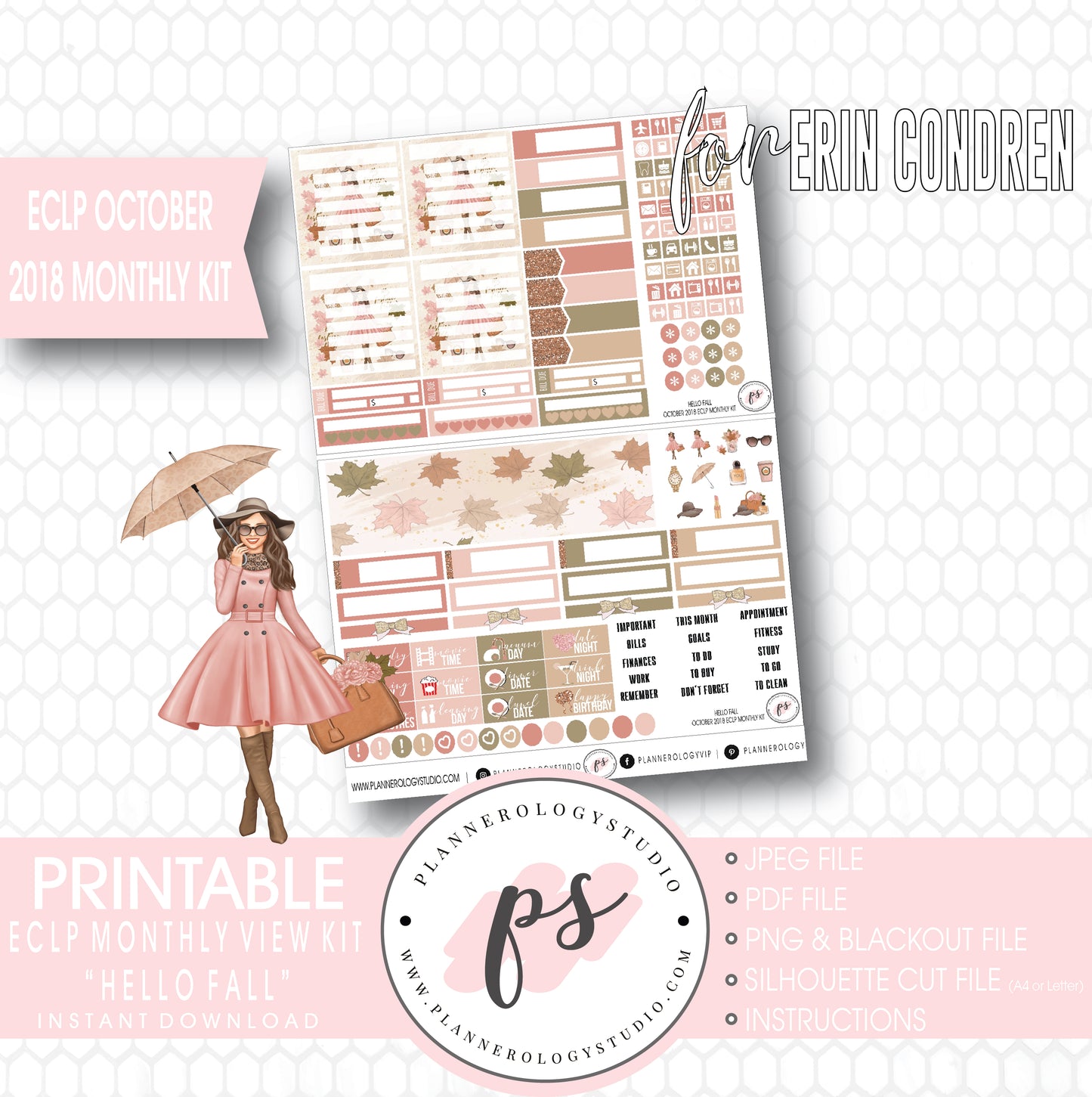 Hello Fall October 2018 Monthly View Kit Digital Printable Planner Stickers (for use with Erin Condren) - Plannerologystudio