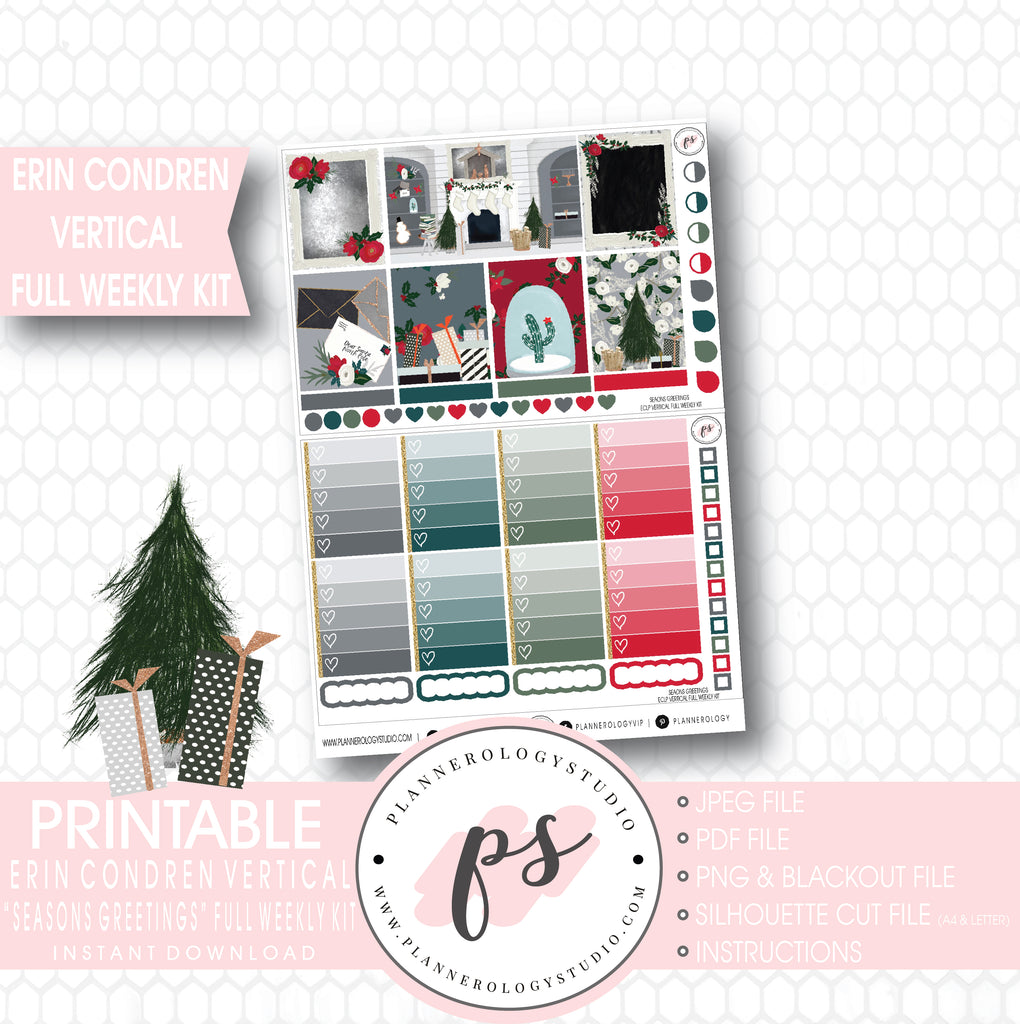 Seasons Greetings Christmas Full Weekly Kit Printable Planner Stickers (for use with Erin Condren Vertical) - Plannerologystudio