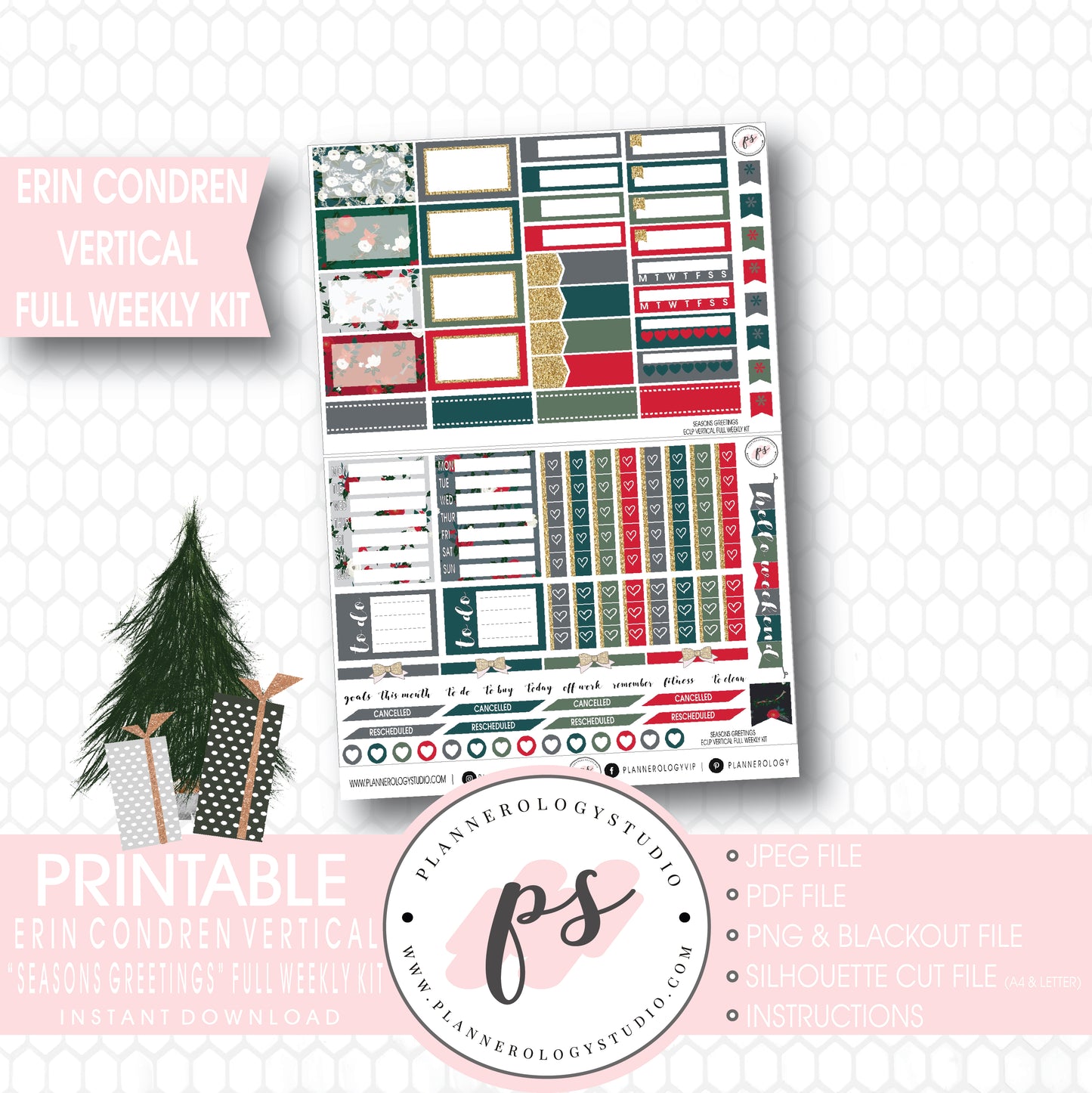 Seasons Greetings Christmas Full Weekly Kit Printable Planner Stickers (for use with Erin Condren Vertical) - Plannerologystudio