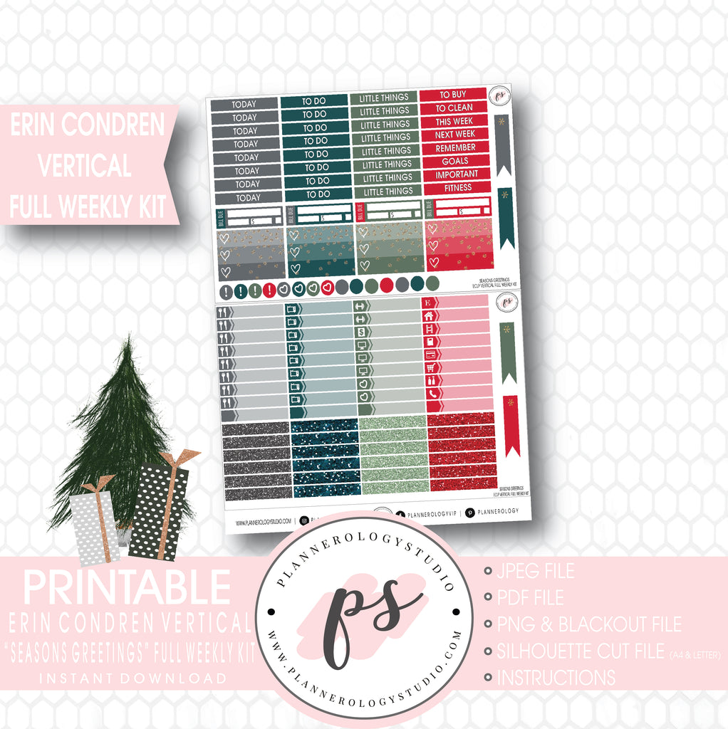 Seasons Greetings Christmas Full Weekly Kit Printable Planner Stickers (for use with Erin Condren Vertical) - Plannerologystudio