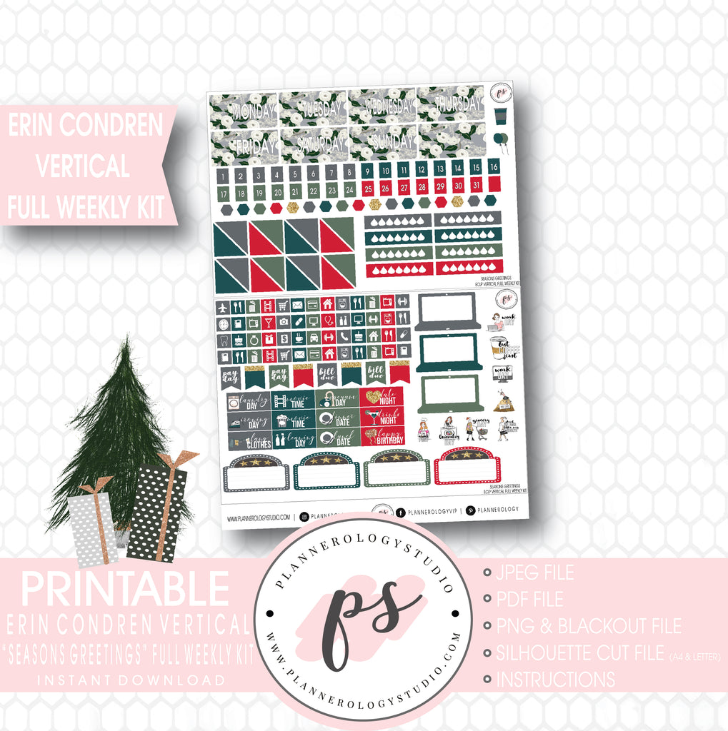 Seasons Greetings Christmas Full Weekly Kit Printable Planner Stickers (for use with Erin Condren Vertical) - Plannerologystudio