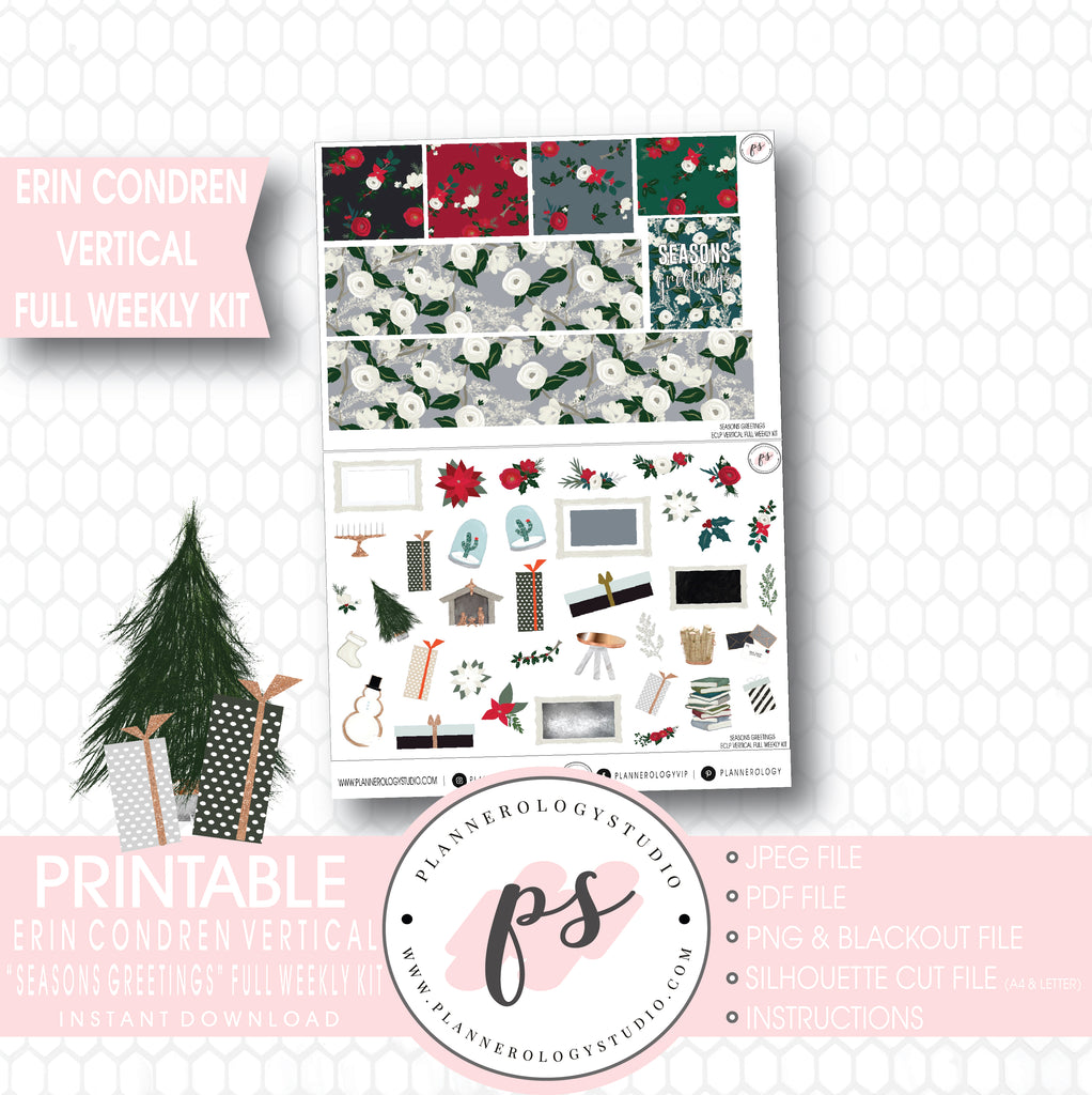 Seasons Greetings Christmas Full Weekly Kit Printable Planner Stickers (for use with Erin Condren Vertical) - Plannerologystudio