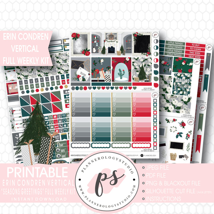 Seasons Greetings Christmas Full Weekly Kit Printable Planner Stickers (for use with Erin Condren Vertical) - Plannerologystudio