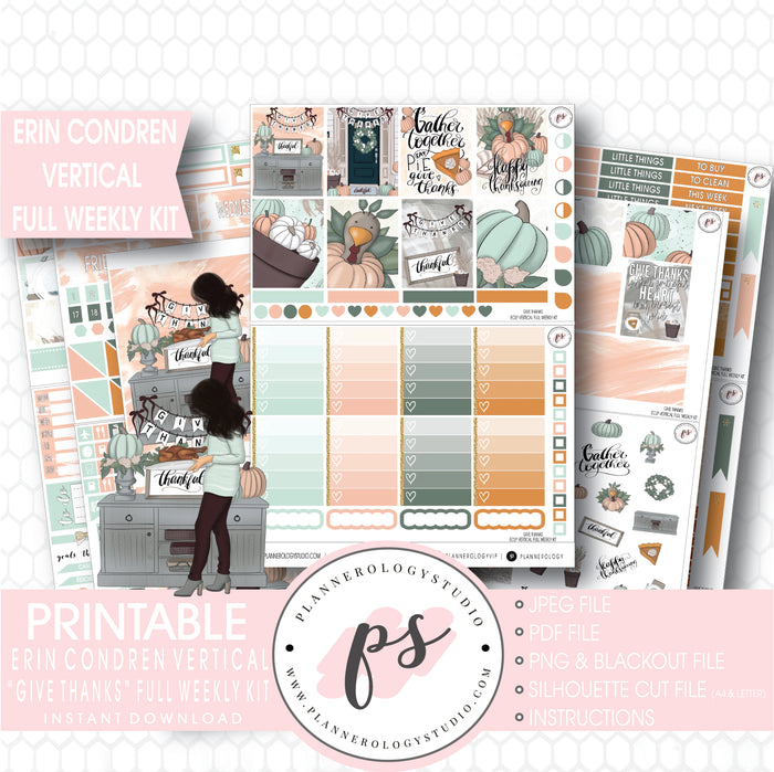 Give Thanks Thanksgiving Full Weekly Kit Printable Planner Digital Stickers (for use with Erin Condren Vertical) - Plannerologystudio