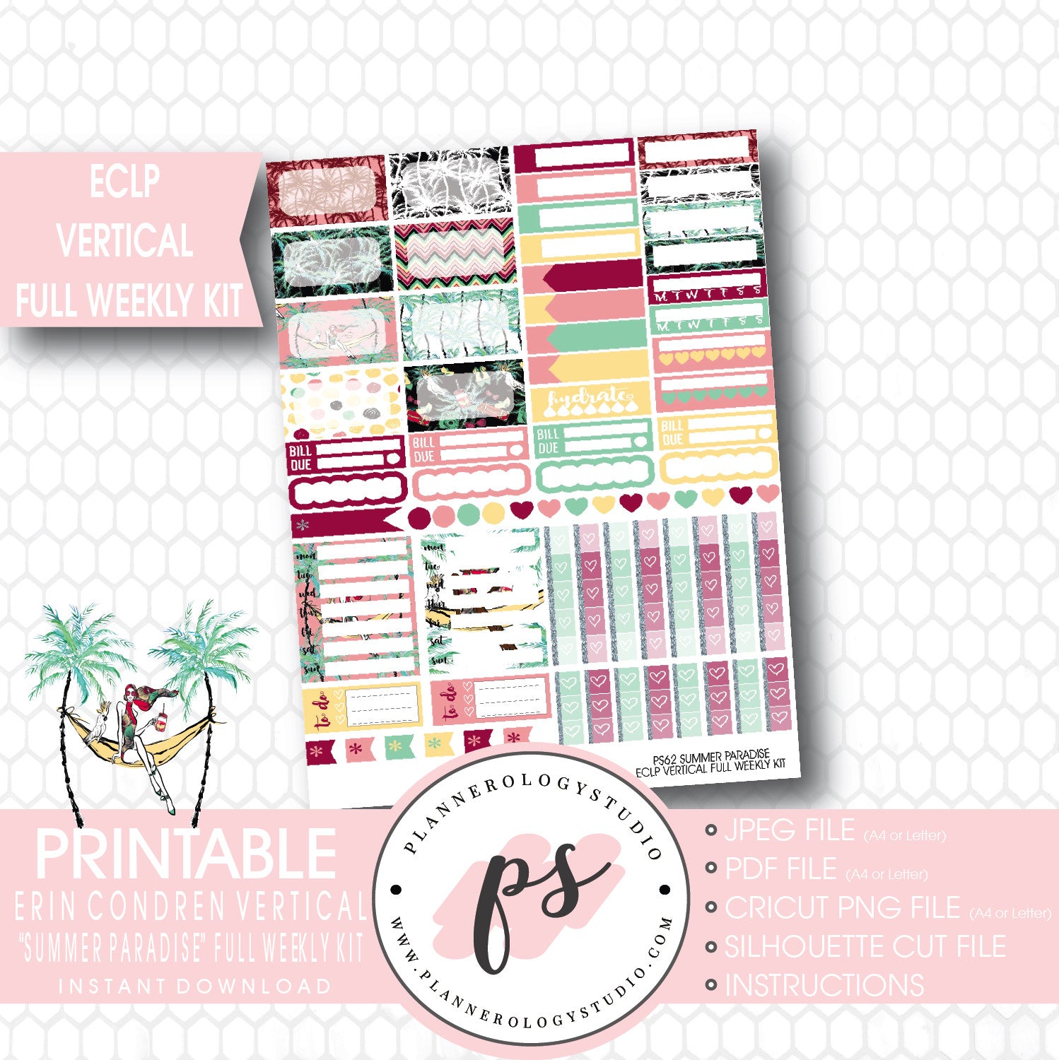Summer Paradise Full Weekly Kit Printable Planner Stickers (for use with ECLP) - Plannerologystudio
