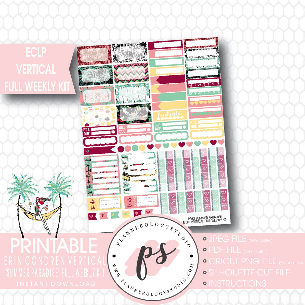 Summer Paradise Full Weekly Kit Printable Planner Stickers (for use with ECLP) - Plannerologystudio