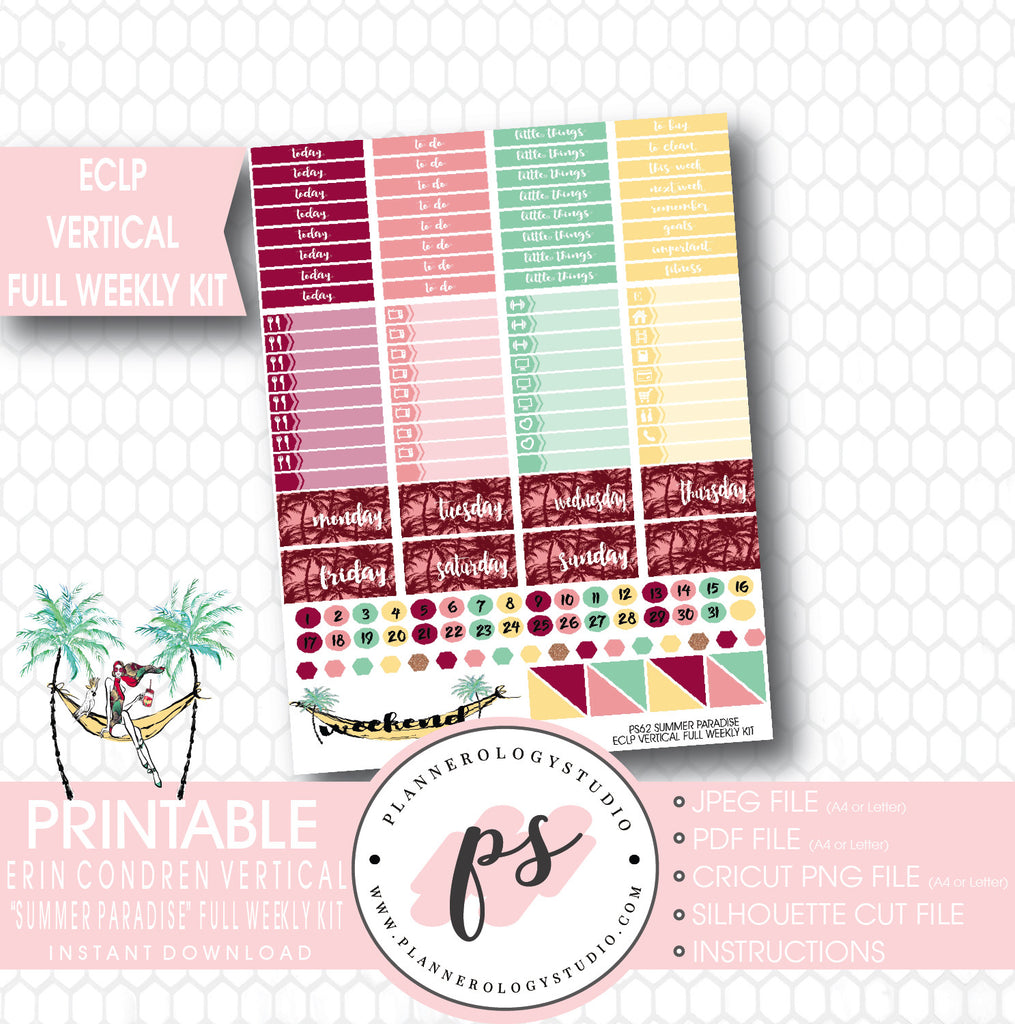 Summer Paradise Full Weekly Kit Printable Planner Stickers (for use with ECLP) - Plannerologystudio