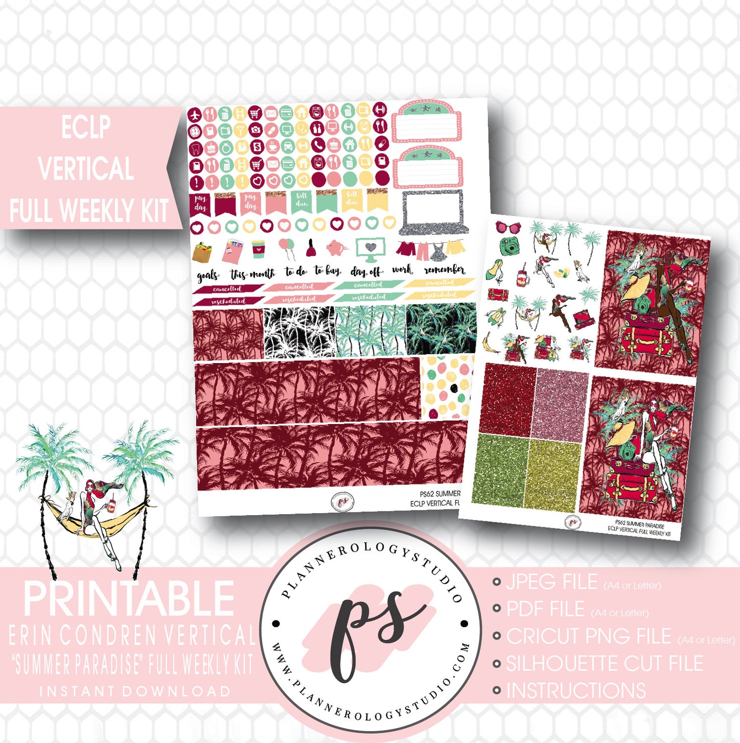 Summer Paradise Full Weekly Kit Printable Planner Stickers (for use with ECLP) - Plannerologystudio