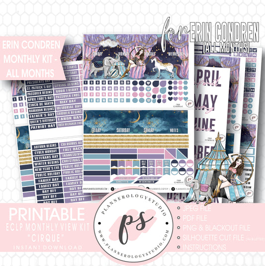 Cirque Undated Monthly View Kit (All Months) Digital Printable Planner Stickers (for use with Erin Condren) - Plannerologystudio