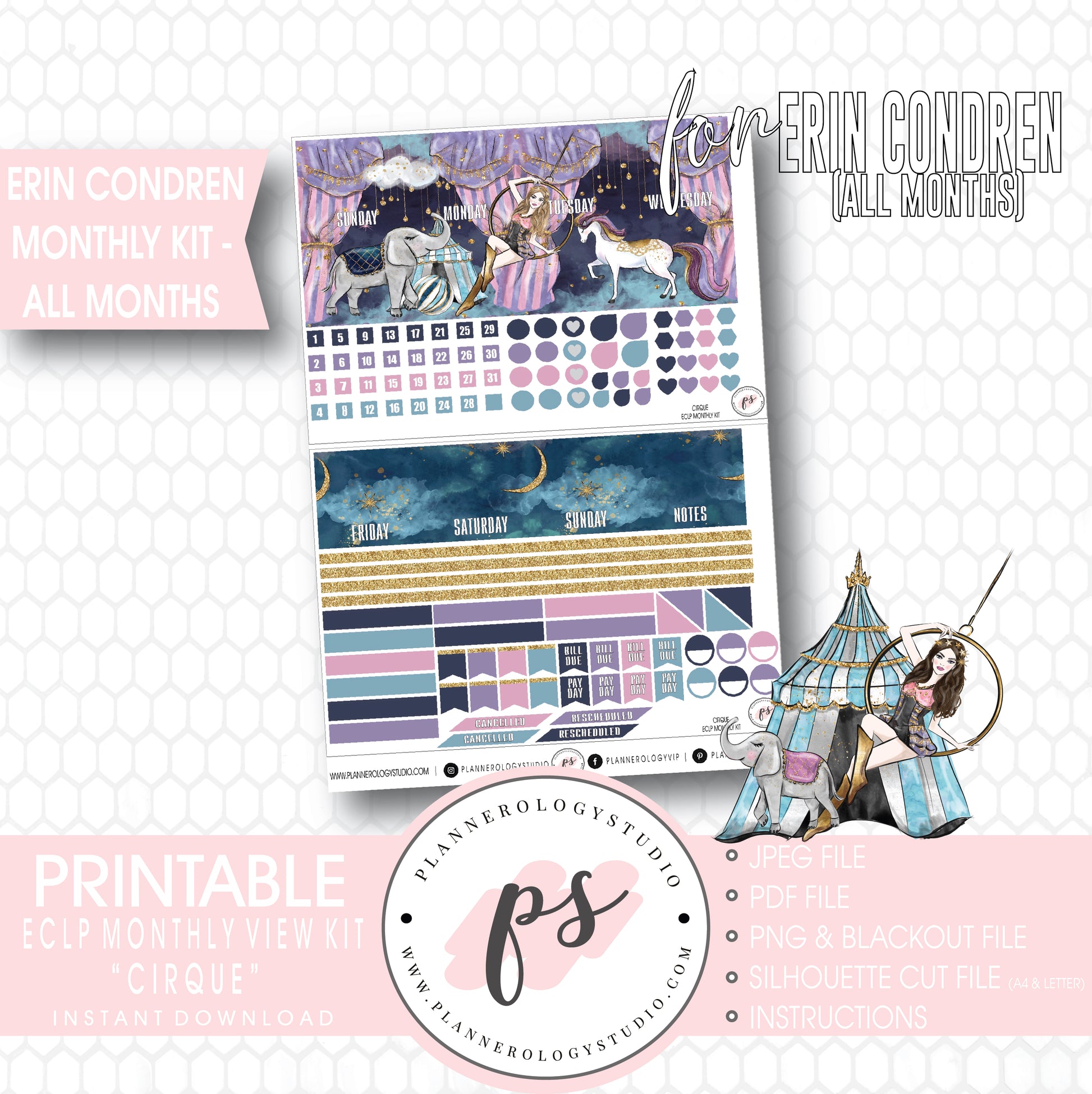 Cirque Undated Monthly View Kit (All Months) Digital Printable Planner Stickers (for use with Erin Condren) - Plannerologystudio
