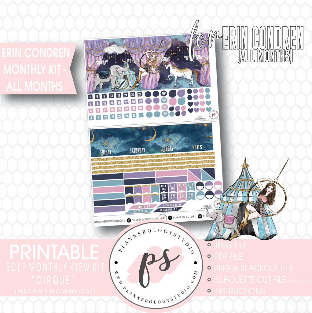 Cirque Undated Monthly View Kit (All Months) Digital Printable Planner Stickers (for use with Erin Condren) - Plannerologystudio