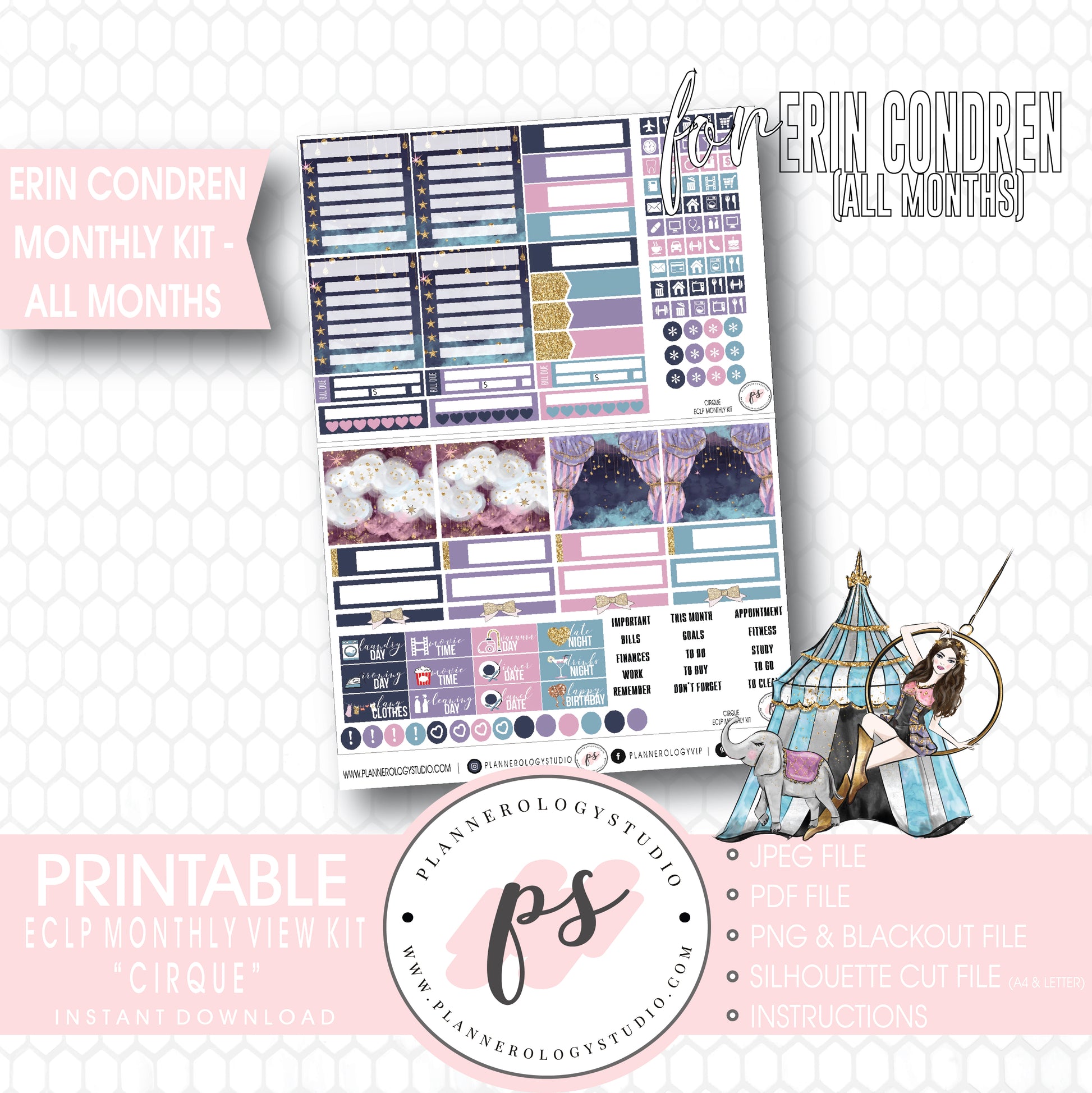 Cirque Undated Monthly View Kit (All Months) Digital Printable Planner Stickers (for use with Erin Condren) - Plannerologystudio