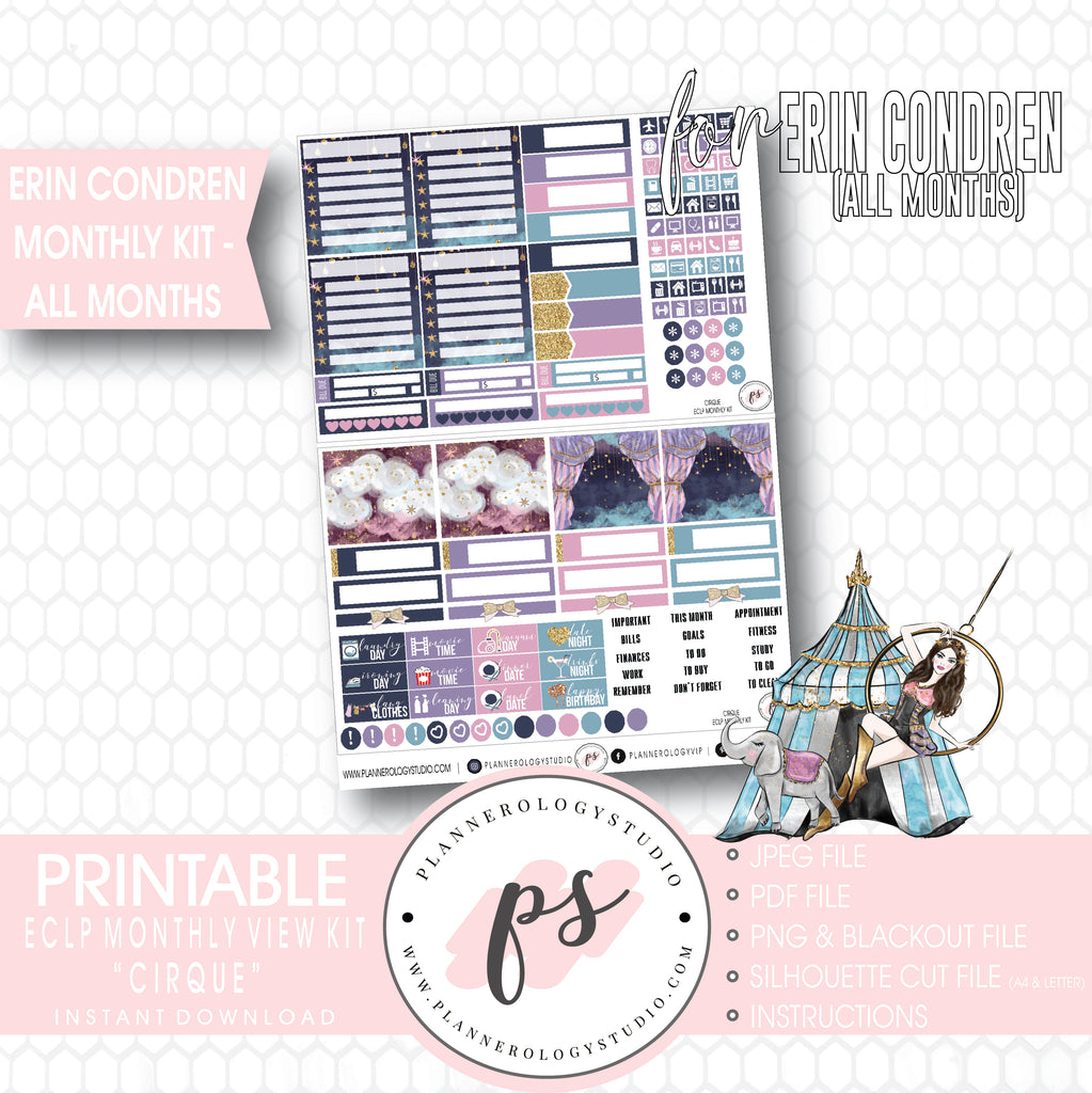 Cirque Undated Monthly View Kit (All Months) Digital Printable Planner Stickers (for use with Erin Condren) - Plannerologystudio