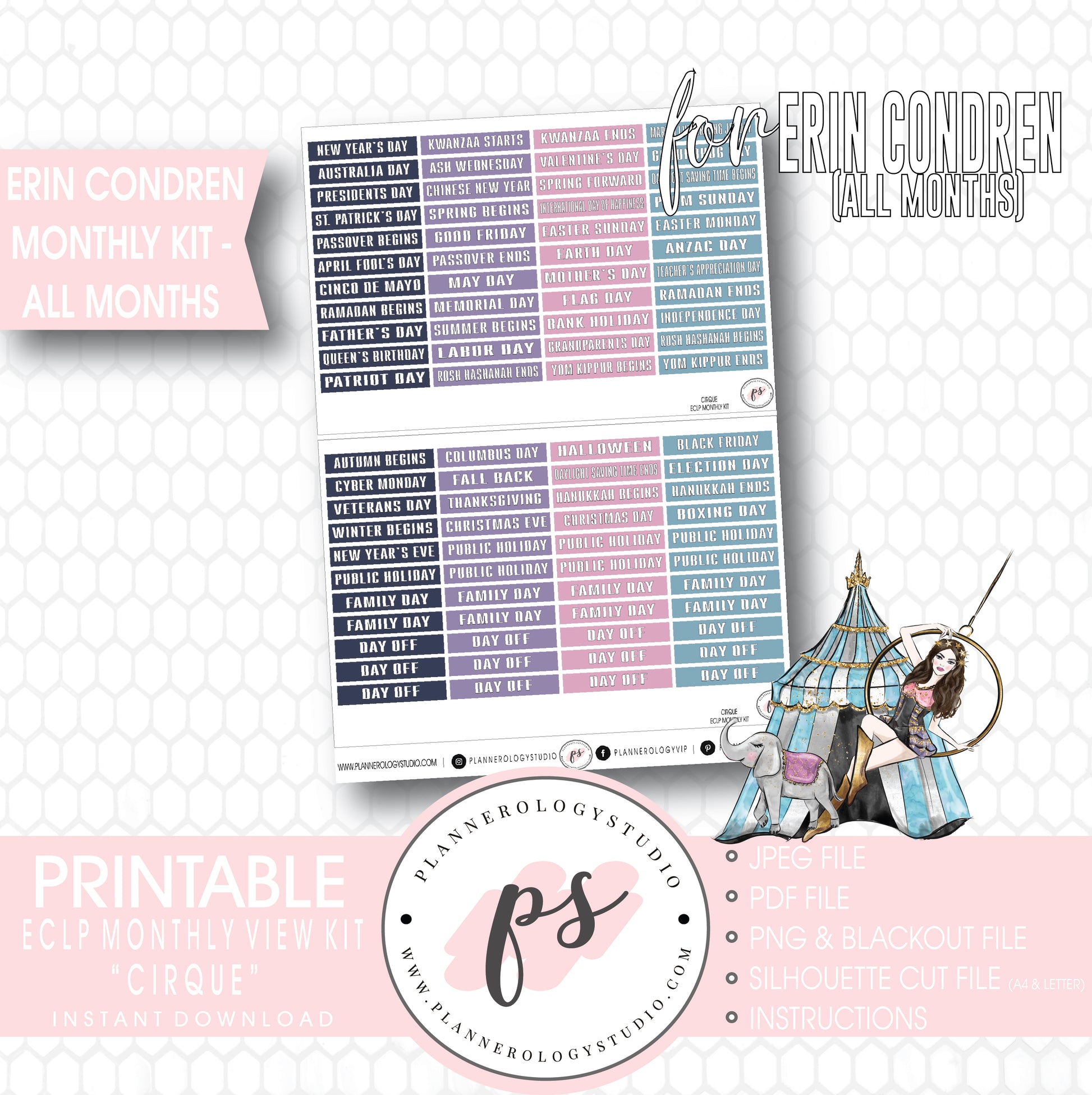 Cirque Undated Monthly View Kit (All Months) Digital Printable Planner Stickers (for use with Erin Condren) - Plannerologystudio