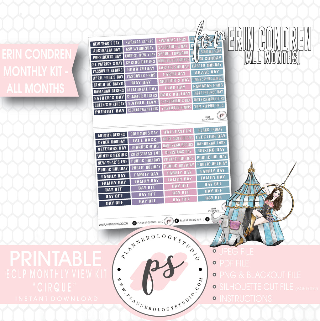 Cirque Undated Monthly View Kit (All Months) Digital Printable Planner Stickers (for use with Erin Condren) - Plannerologystudio