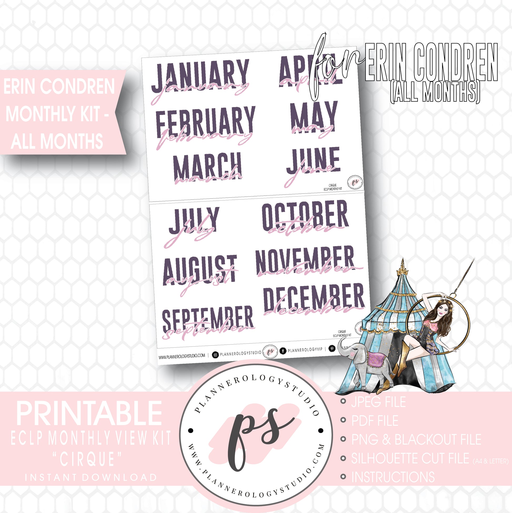 Cirque Undated Monthly View Kit (All Months) Digital Printable Planner Stickers (for use with Erin Condren) - Plannerologystudio