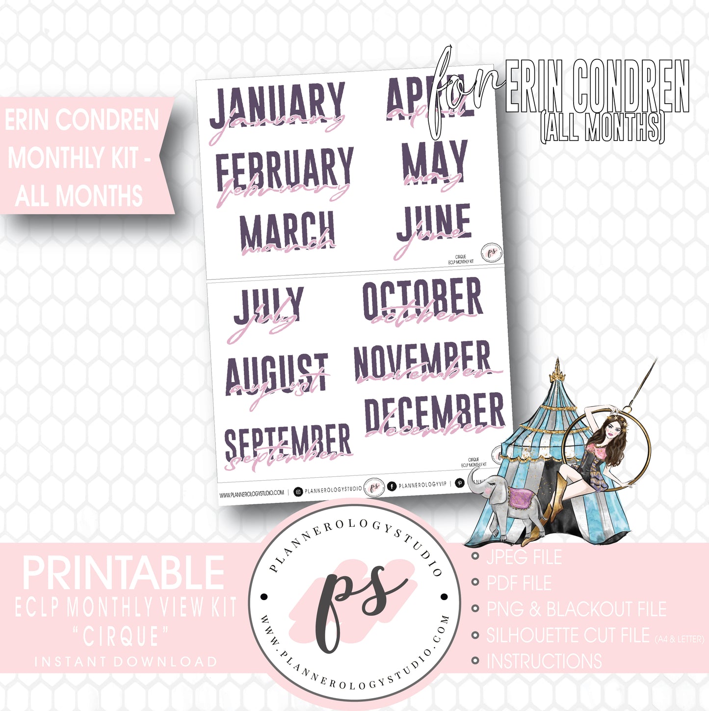 Cirque Undated Monthly View Kit (All Months) Digital Printable Planner Stickers (for use with Erin Condren) - Plannerologystudio