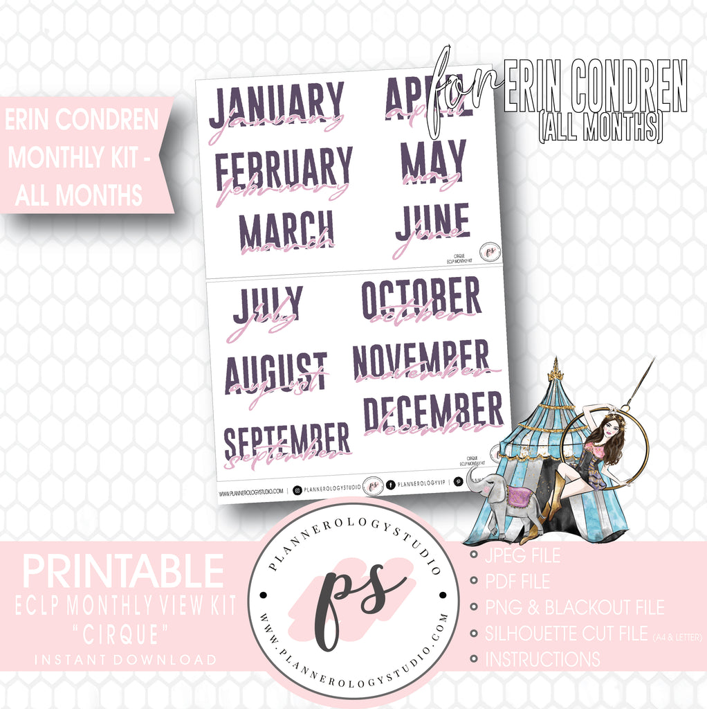 Cirque Undated Monthly View Kit (All Months) Digital Printable Planner Stickers (for use with Erin Condren) - Plannerologystudio