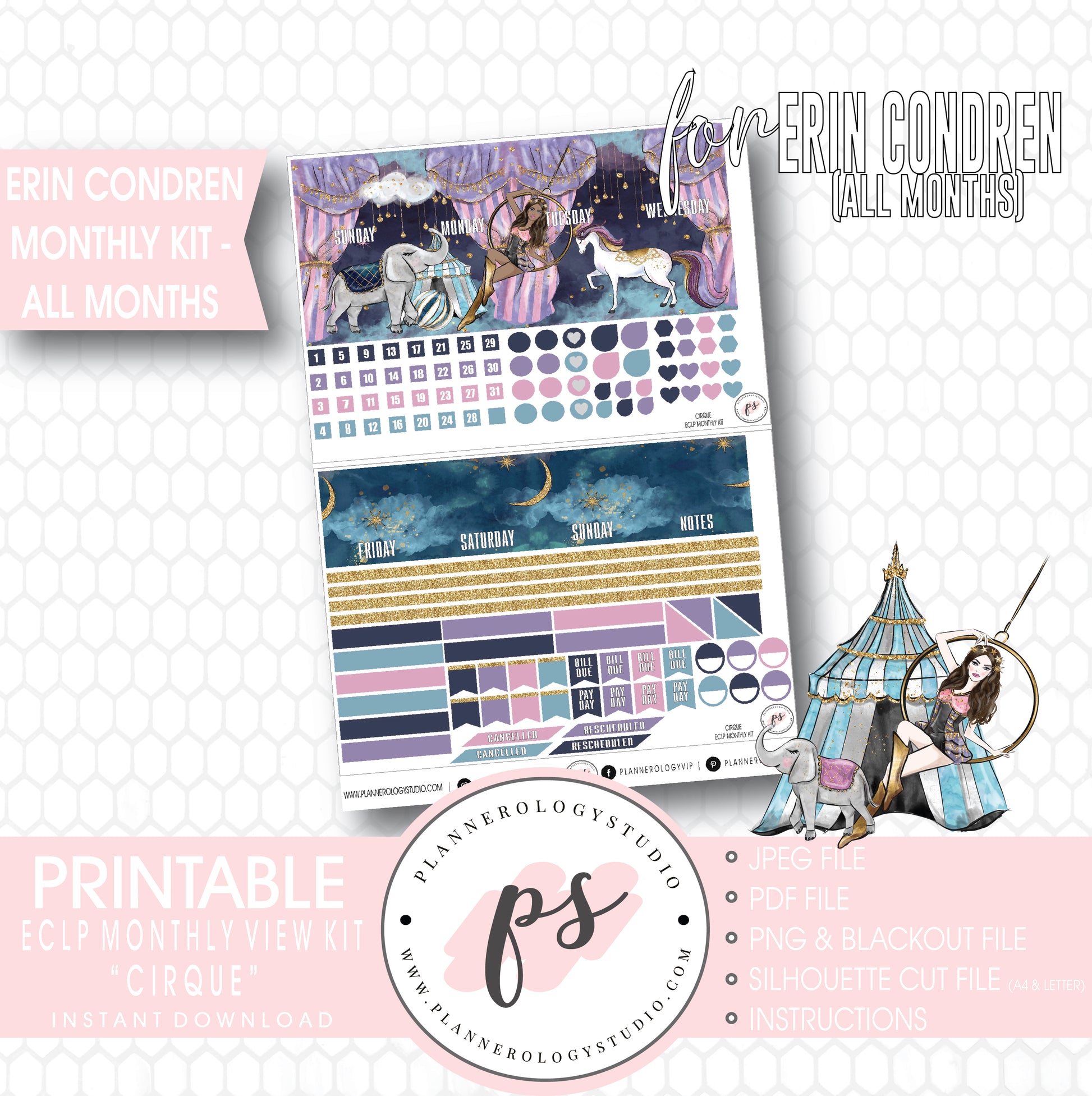 Cirque Undated Monthly View Kit (All Months) Digital Printable Planner Stickers (for use with Erin Condren) - Plannerologystudio