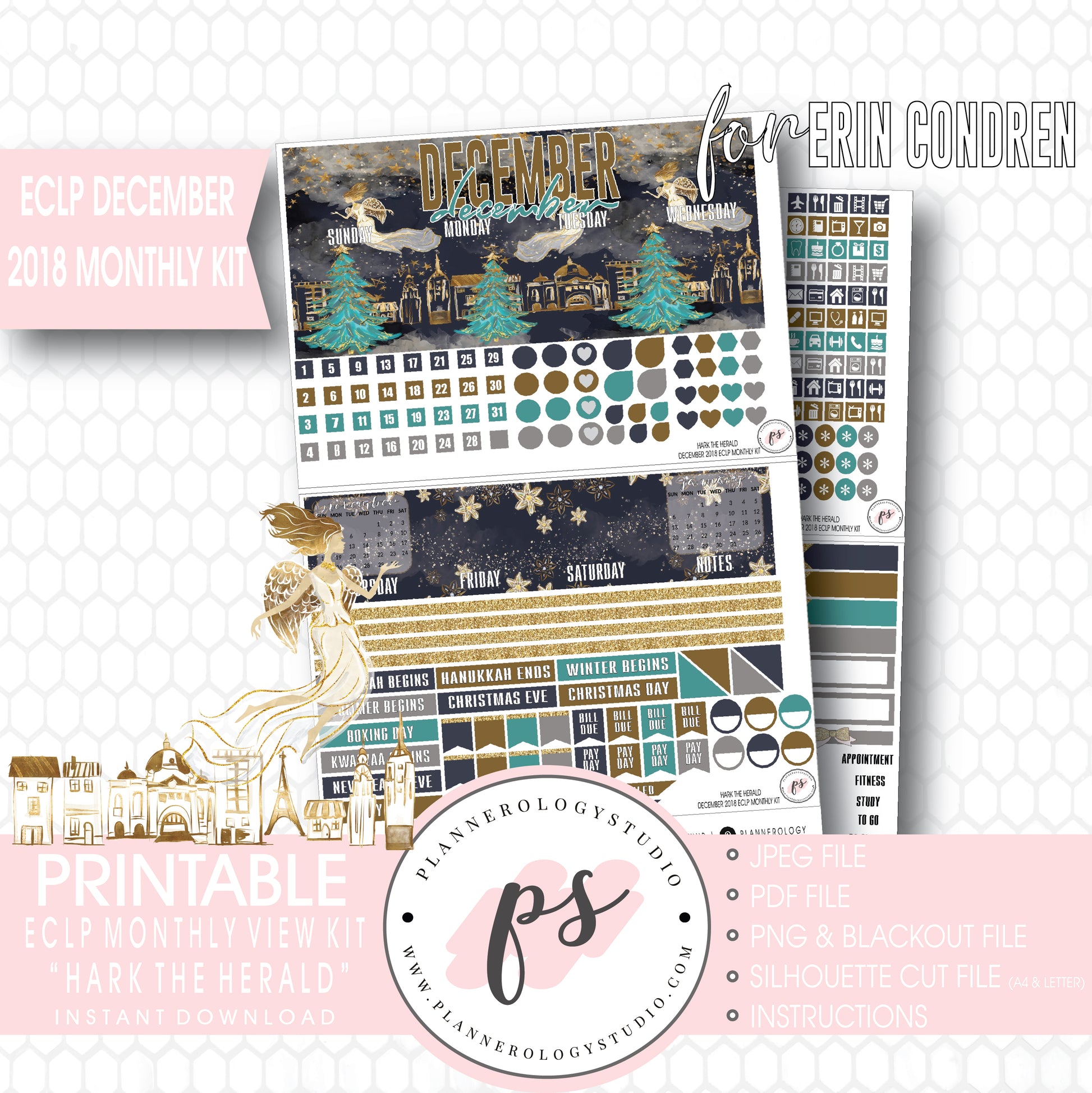Hark the Herald Christmas December 2018 Monthly View Kit Printable Planner Stickers (for use with ECLP) - Plannerologystudio